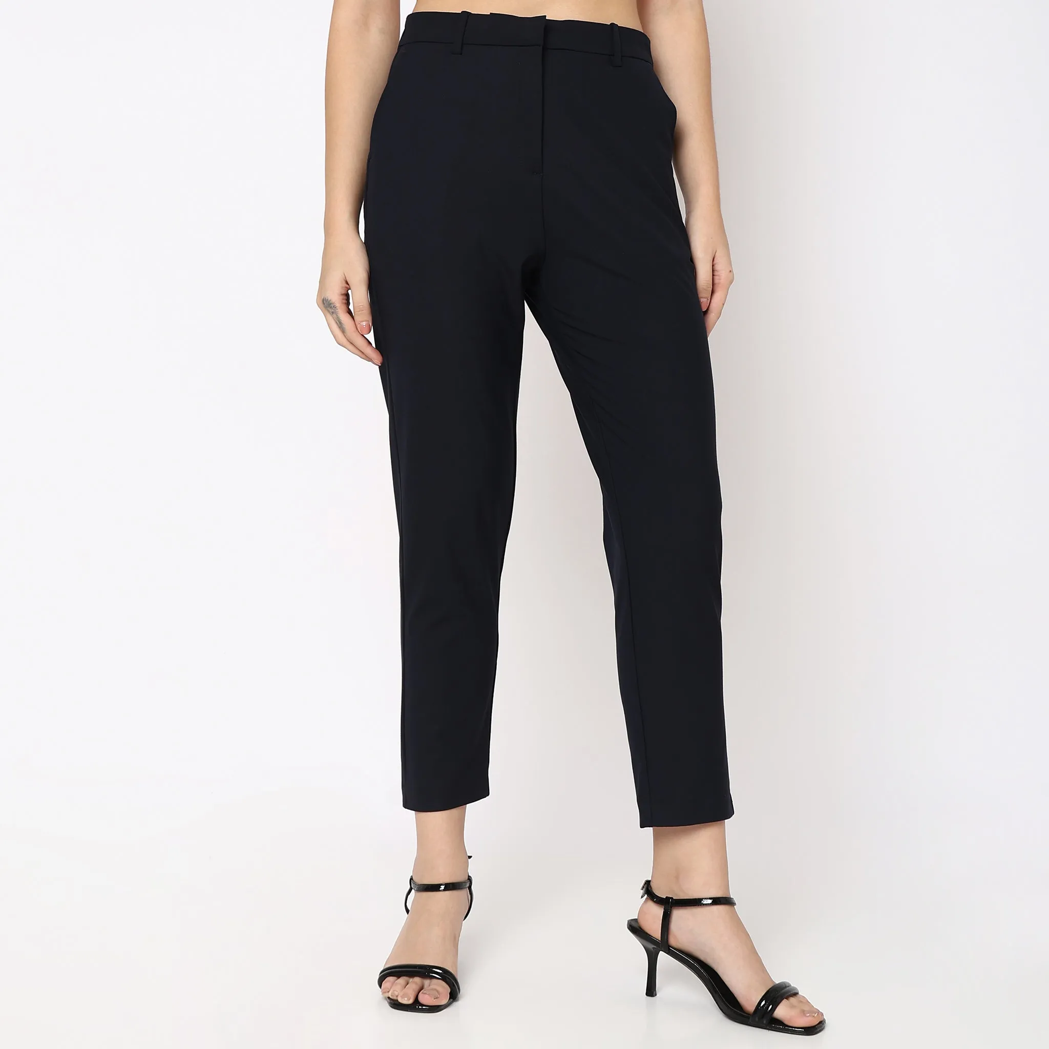 Straight Fit Solid Mid Rise Trousers