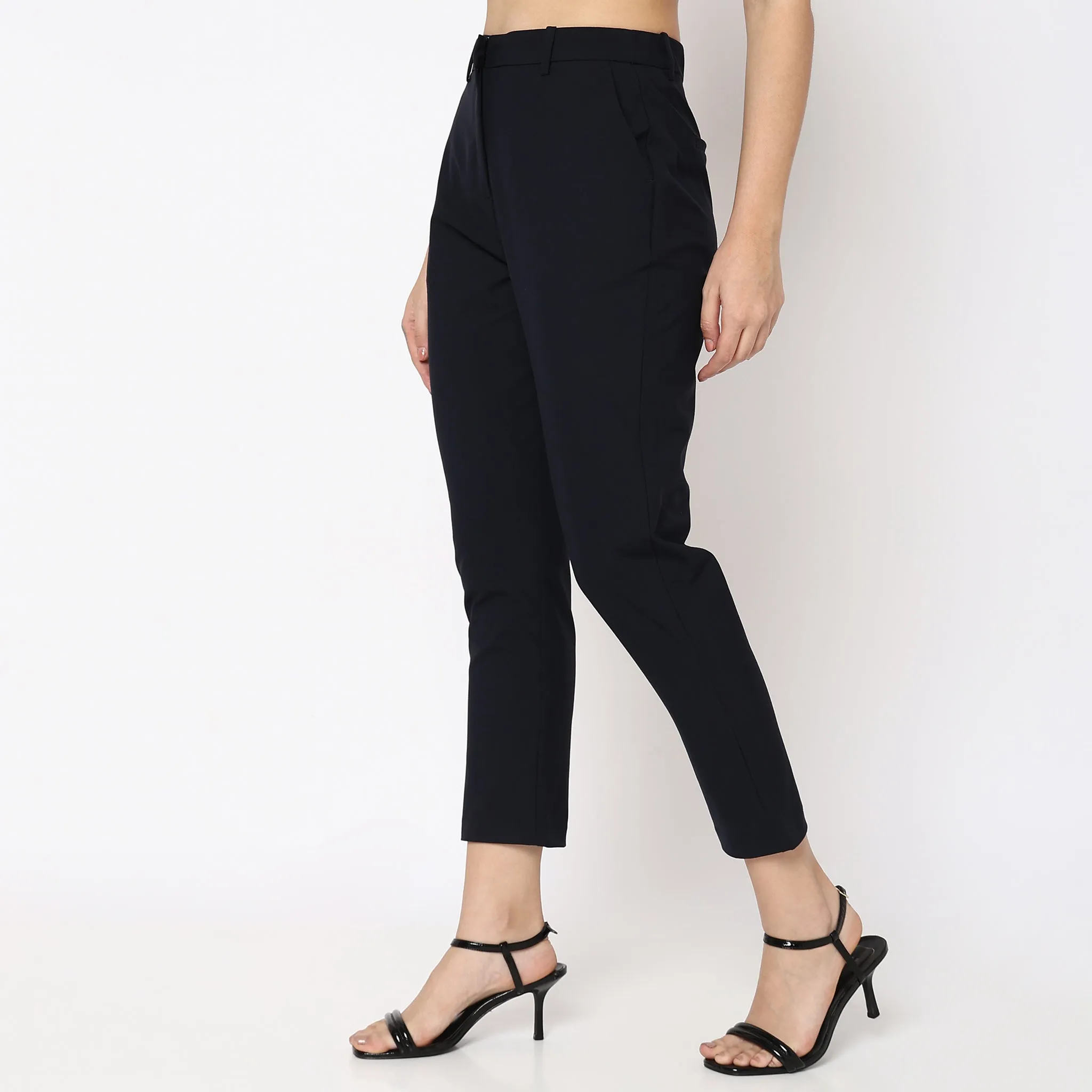 Straight Fit Solid Mid Rise Trousers