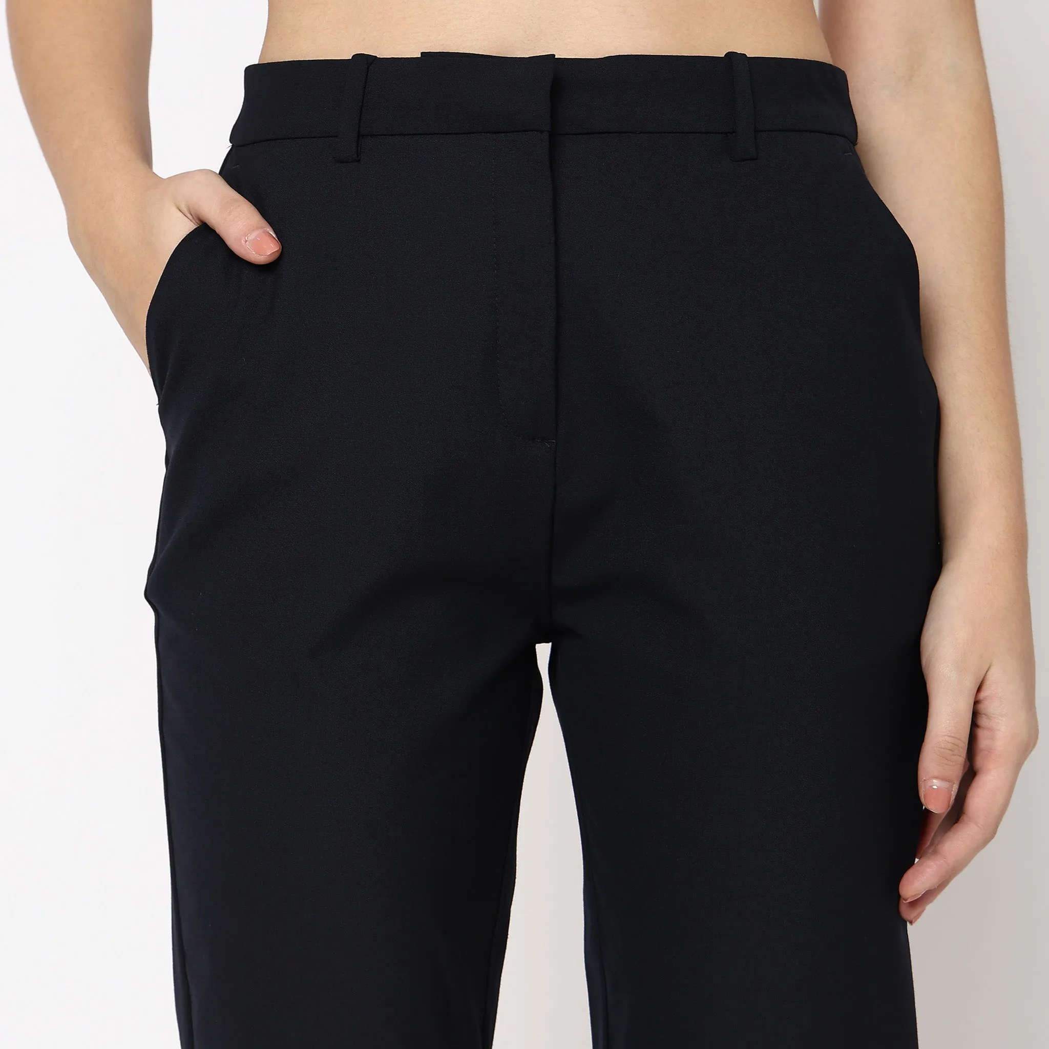 Straight Fit Solid Mid Rise Trousers