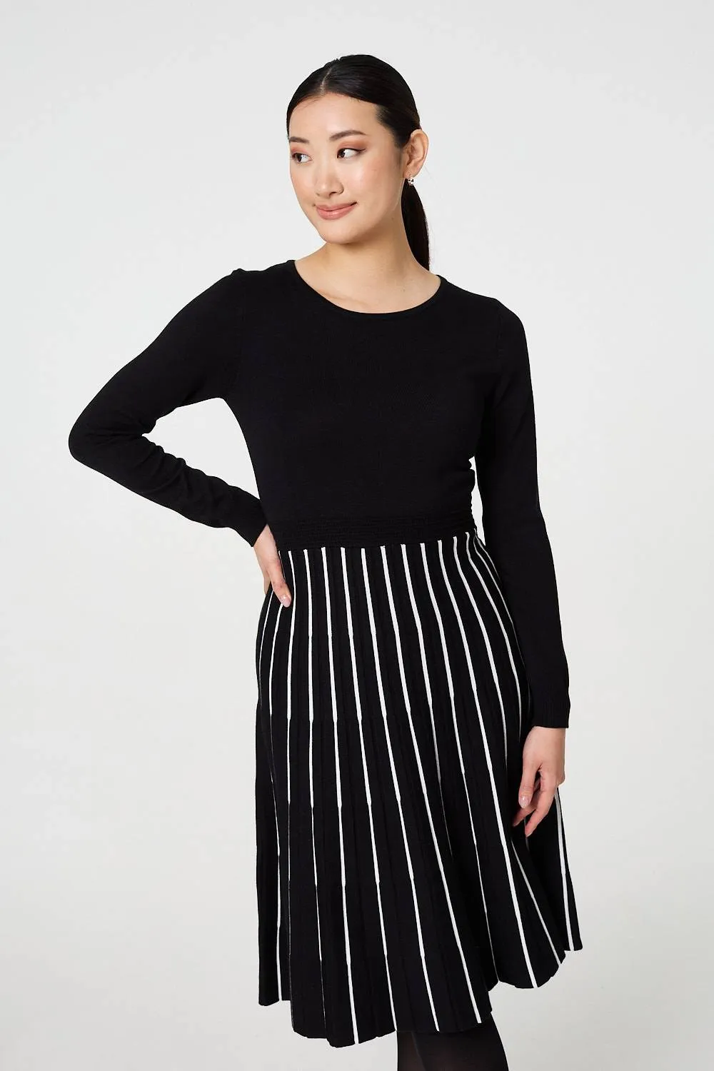 Striped Pleat Skirt Knitted Midi Dress