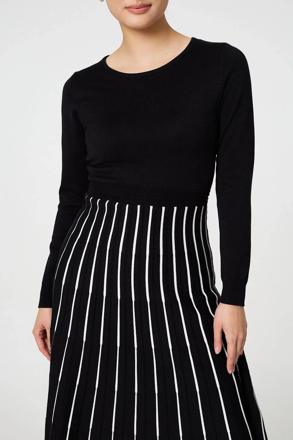 Striped Pleat Skirt Knitted Midi Dress