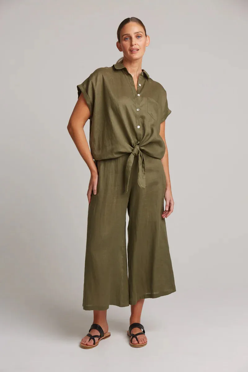 Studio Tie Front Linen Shirt - Khaki