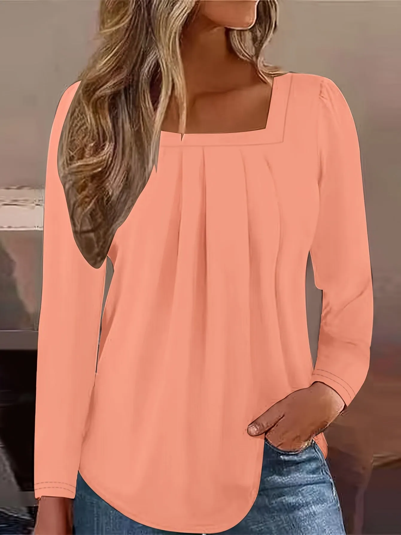 Stylish Frill Square Neck Long Sleeve Tee Perfect for Spring  Summer