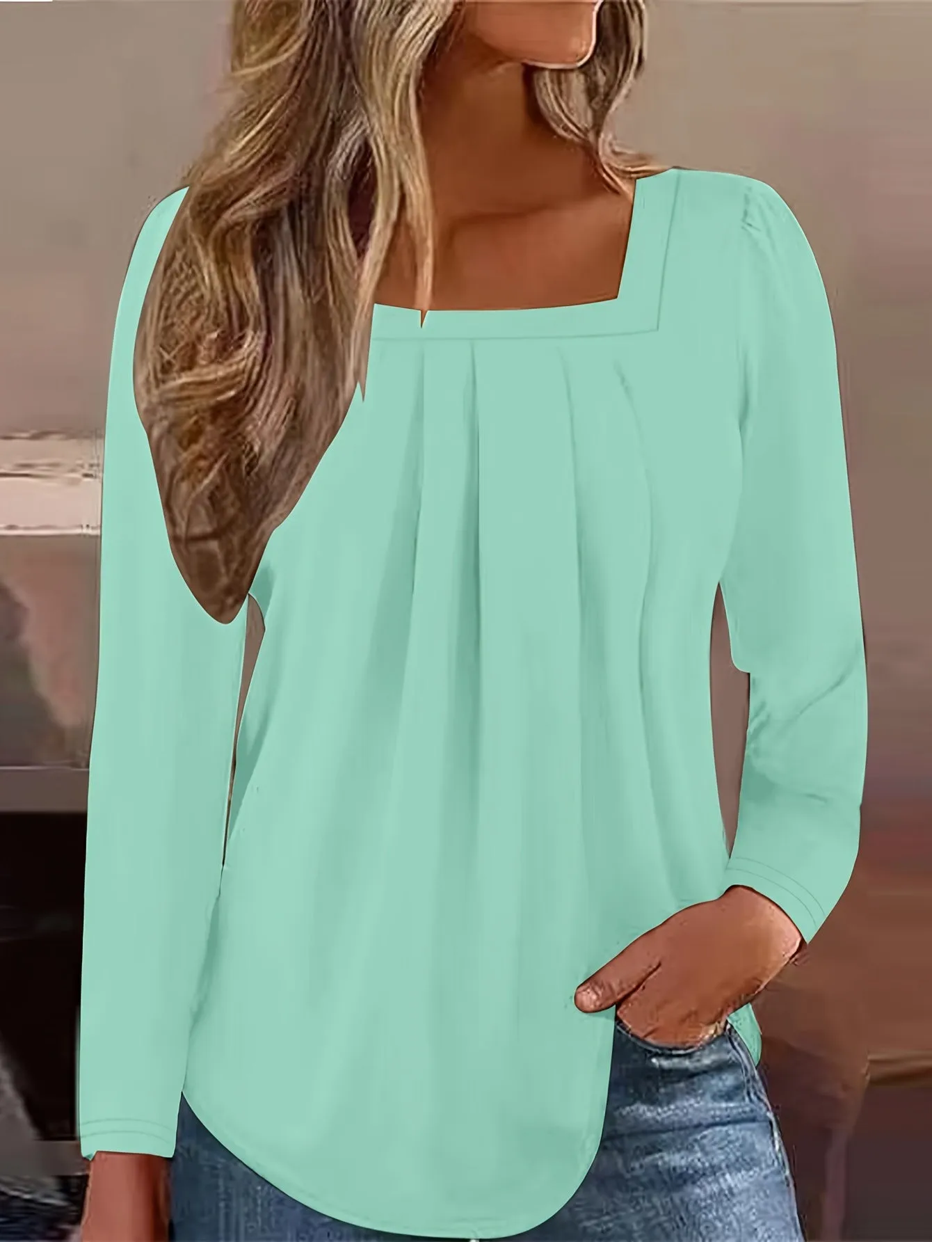 Stylish Frill Square Neck Long Sleeve Tee Perfect for Spring  Summer