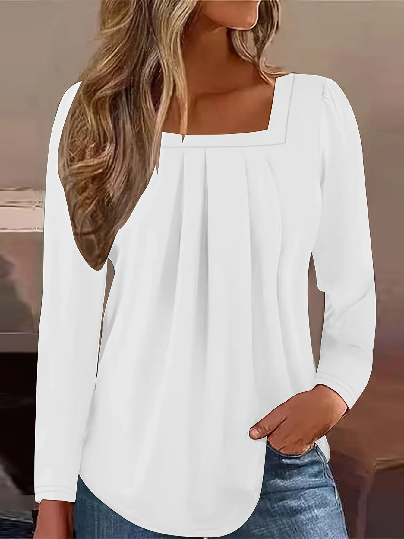 Stylish Frill Square Neck Long Sleeve Tee Perfect for Spring  Summer