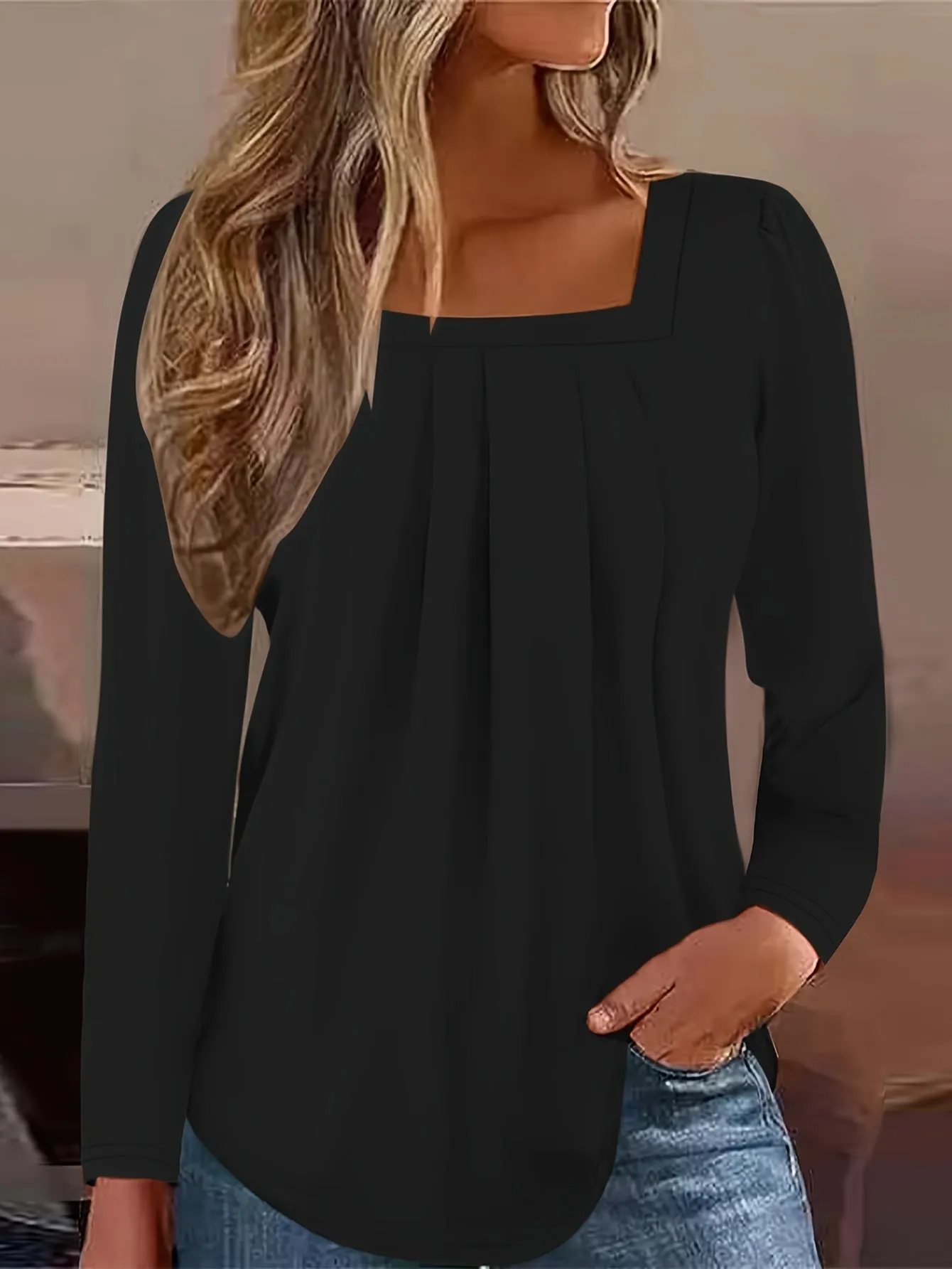 Stylish Frill Square Neck Long Sleeve Tee Perfect for Spring  Summer