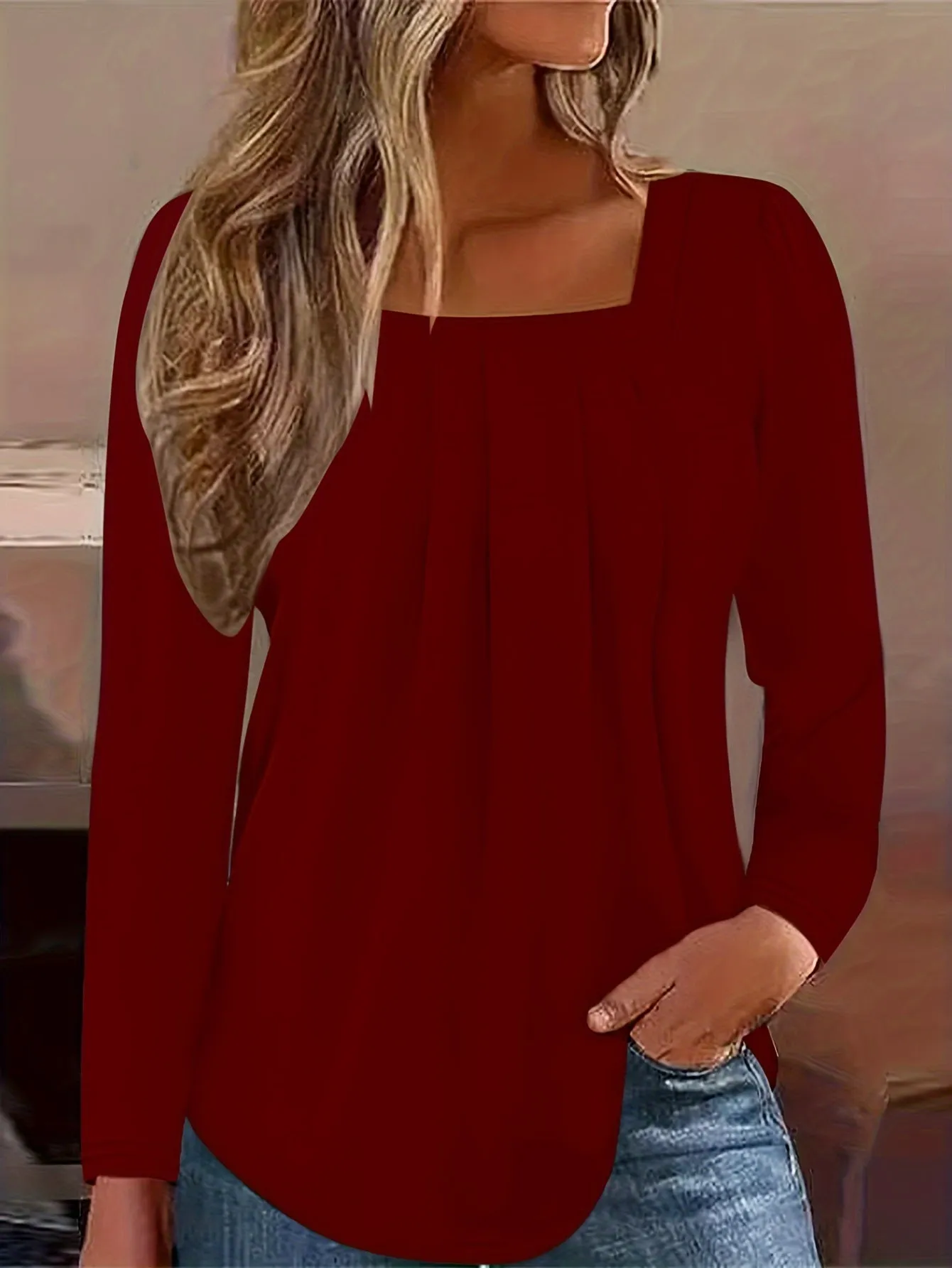 Stylish Frill Square Neck Long Sleeve Tee Perfect for Spring  Summer