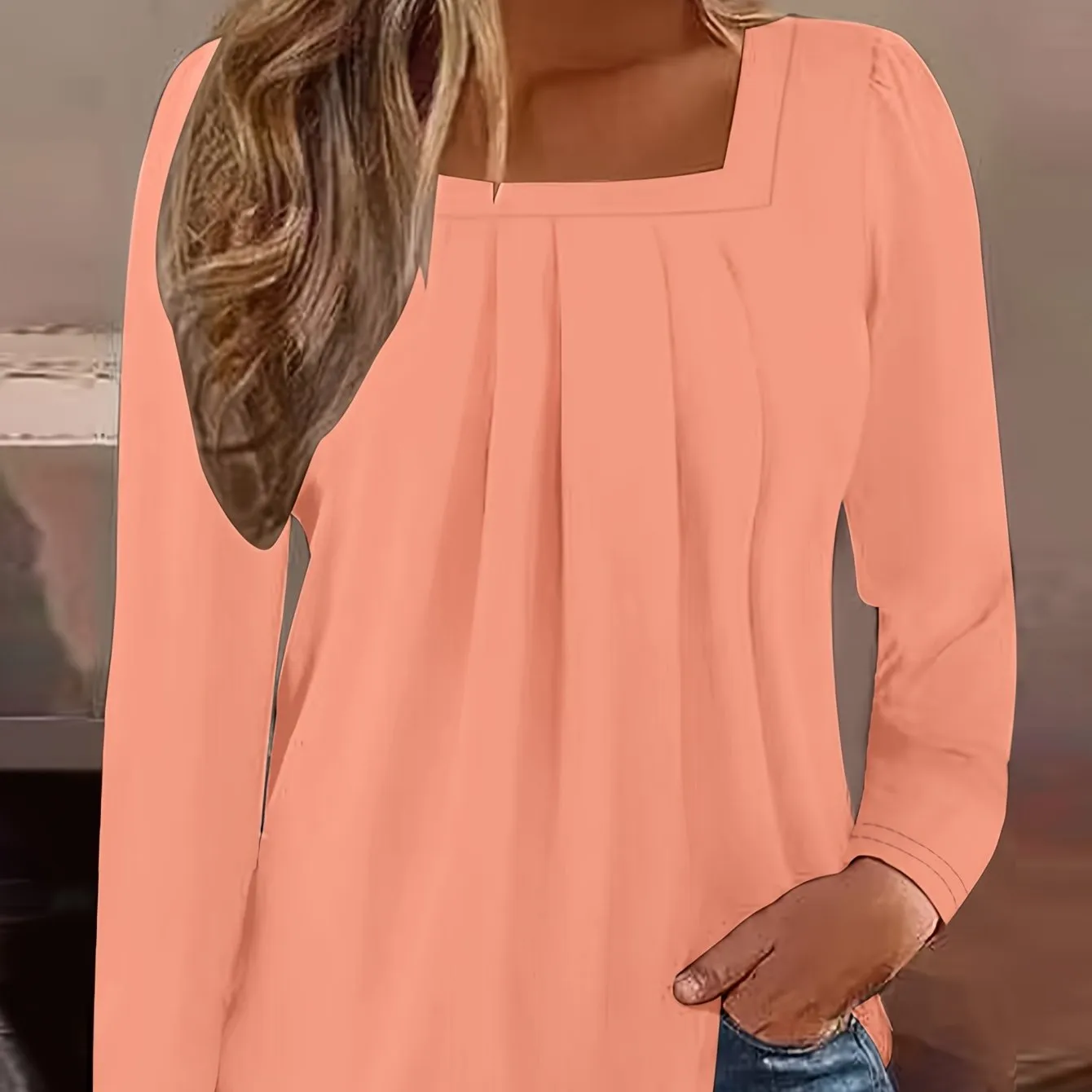 Stylish Frill Square Neck Long Sleeve Tee Perfect for Spring  Summer