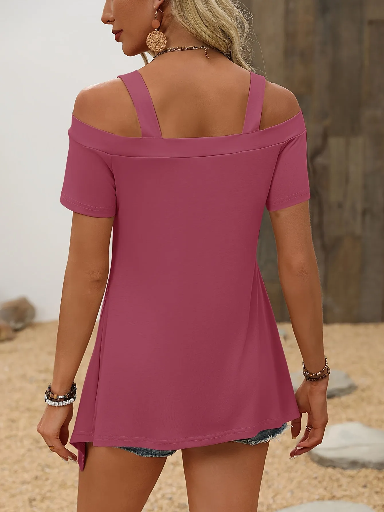 Stylish Strapless Solid Color Short Sleeve T-Shirt - Elegant Casual Wear for Summer, Micro Elastic Dacron and Spandex Blend, Regular Length, No Printing, Knit Fabric - Perfect for Womens Everyday Wear