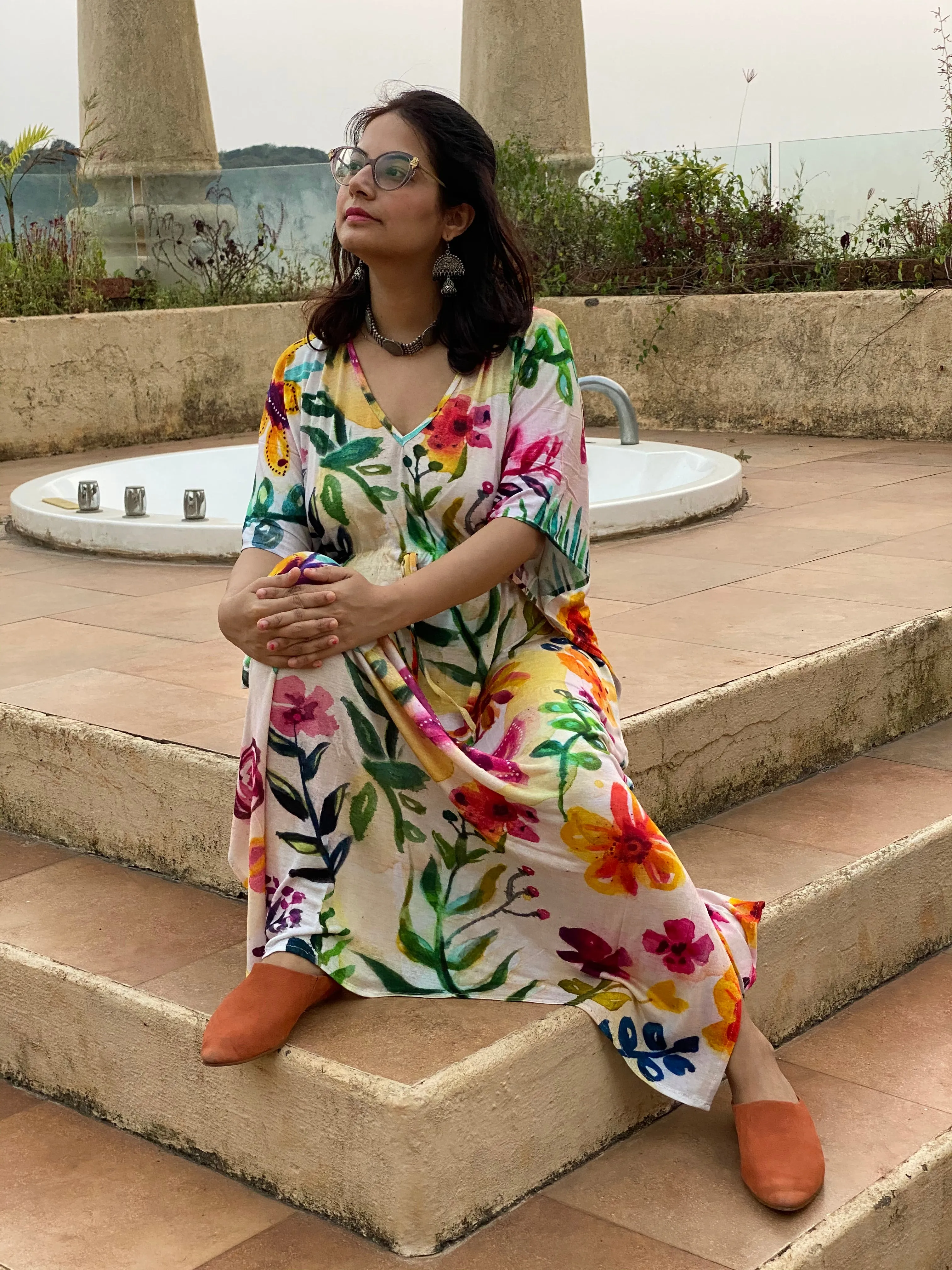 Swaying Garden "Timeless" Style Kaftan | Soft Jersey Knit Organic Cotton | Perfect Loungewear House Dress