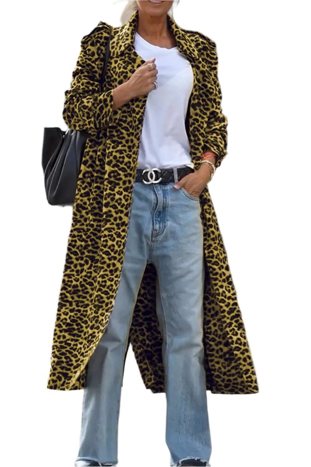 TEEK - Leopard Collared Neck Long Sleeve Trench Coat