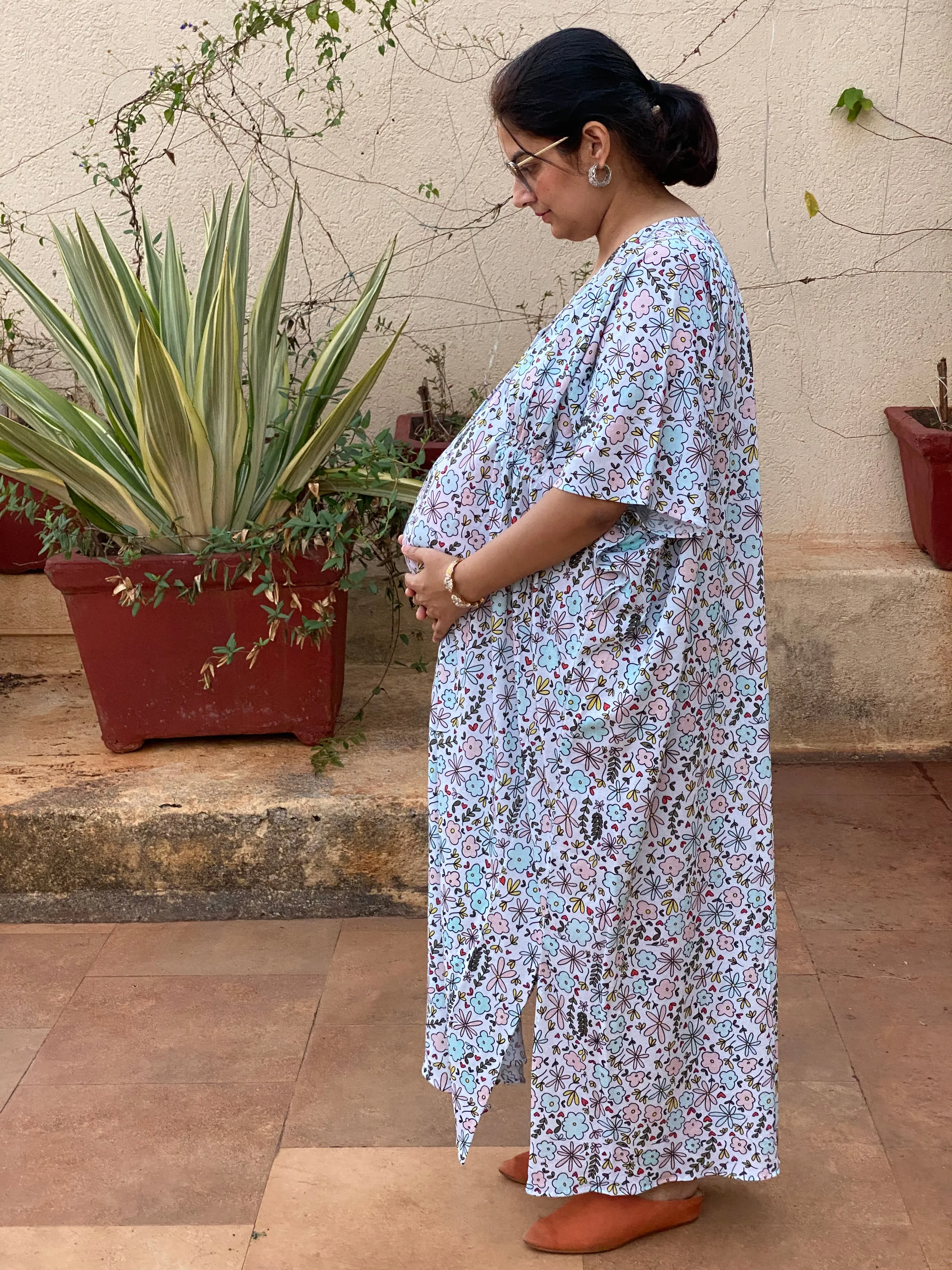 Teeny Tiny Flowers Maternity "Stunningly Simple" Style Caftan | Soft Jersey Knit Organic Cotton | Maternity House Dress