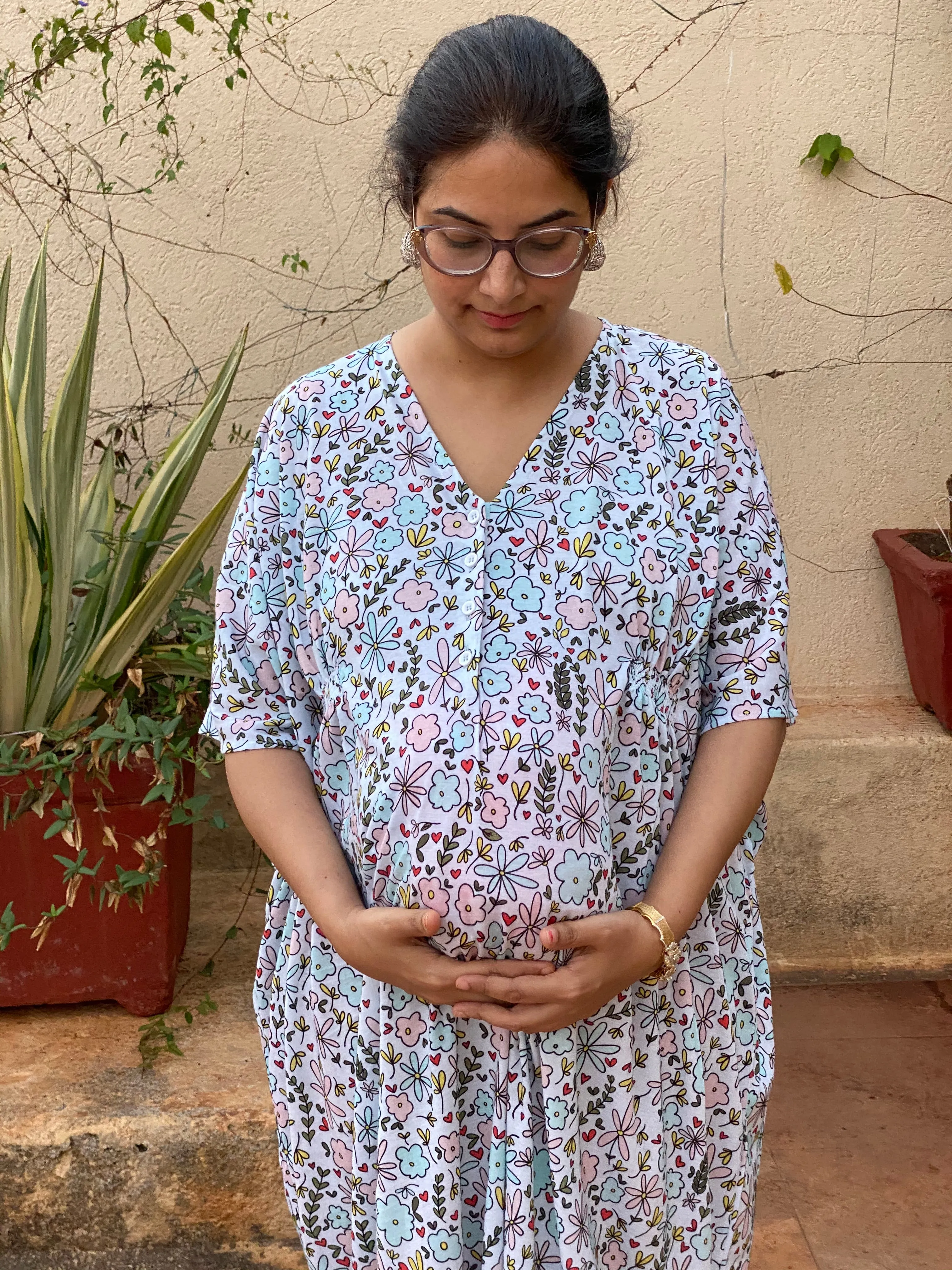 Teeny Tiny Flowers Maternity "Stunningly Simple" Style Caftan | Soft Jersey Knit Organic Cotton | Maternity House Dress