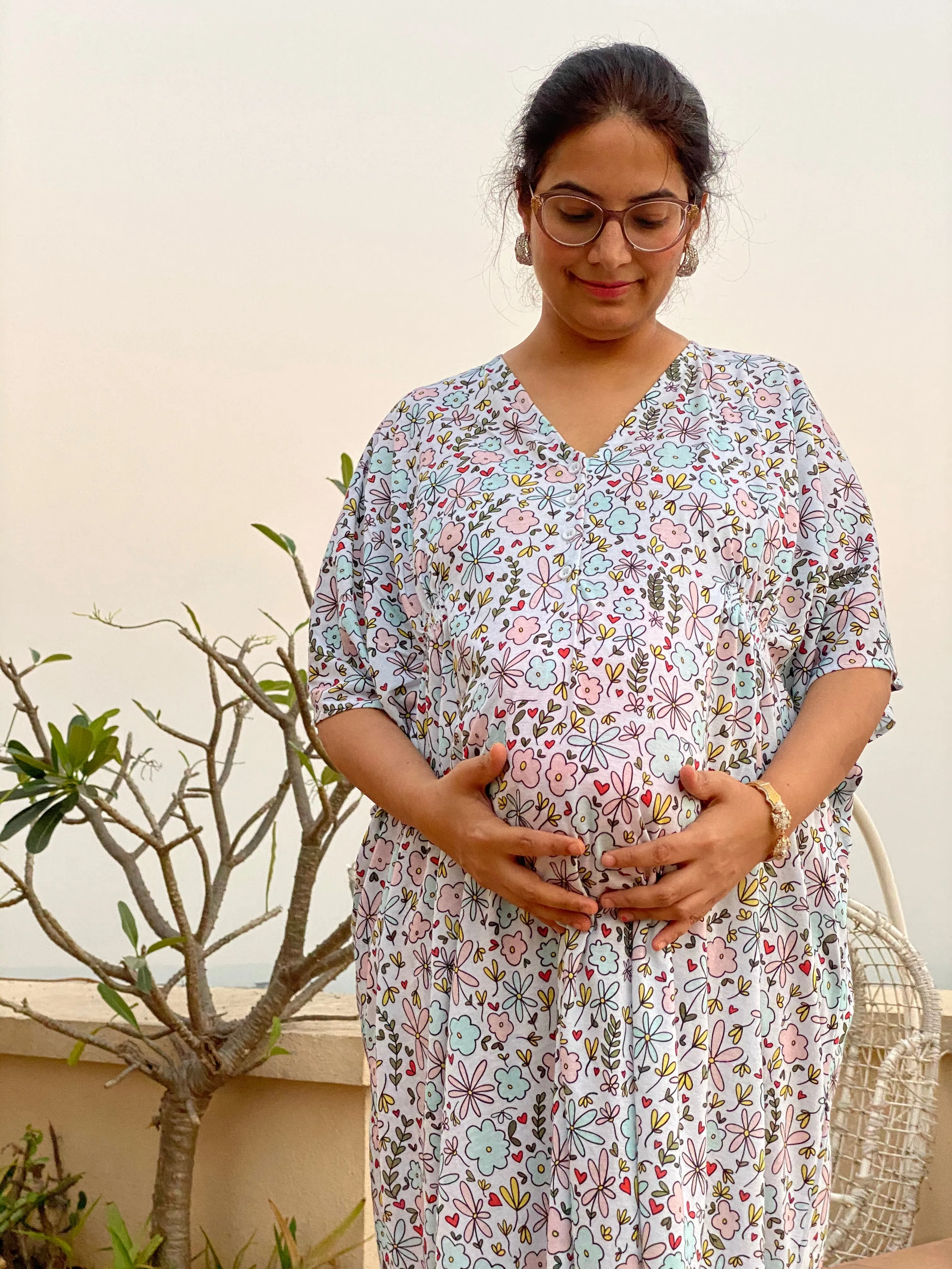 Teeny Tiny Flowers Maternity "Stunningly Simple" Style Caftan | Soft Jersey Knit Organic Cotton | Maternity House Dress