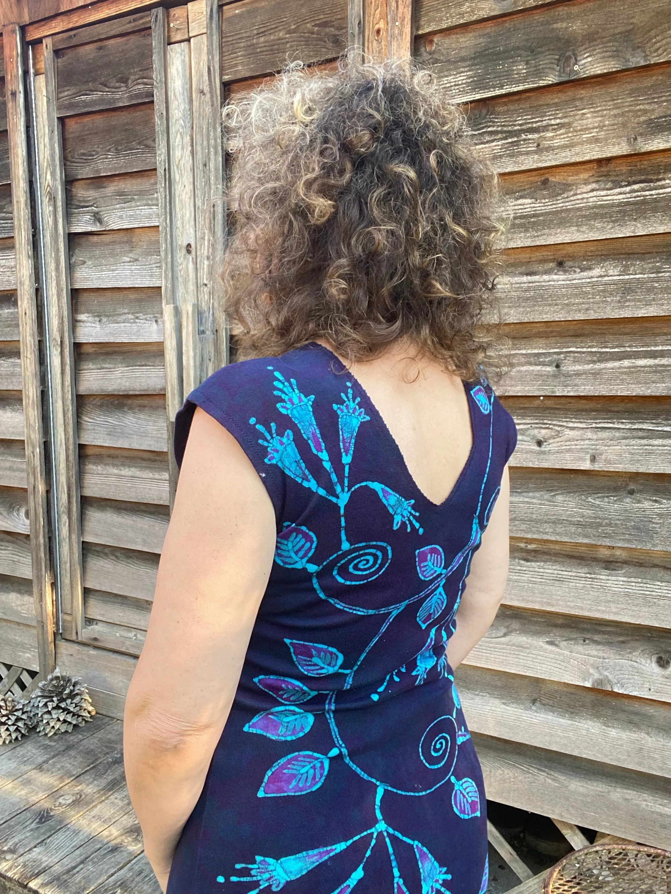 Trailing Blue Fuchsias Organic Cotton Batik Dress