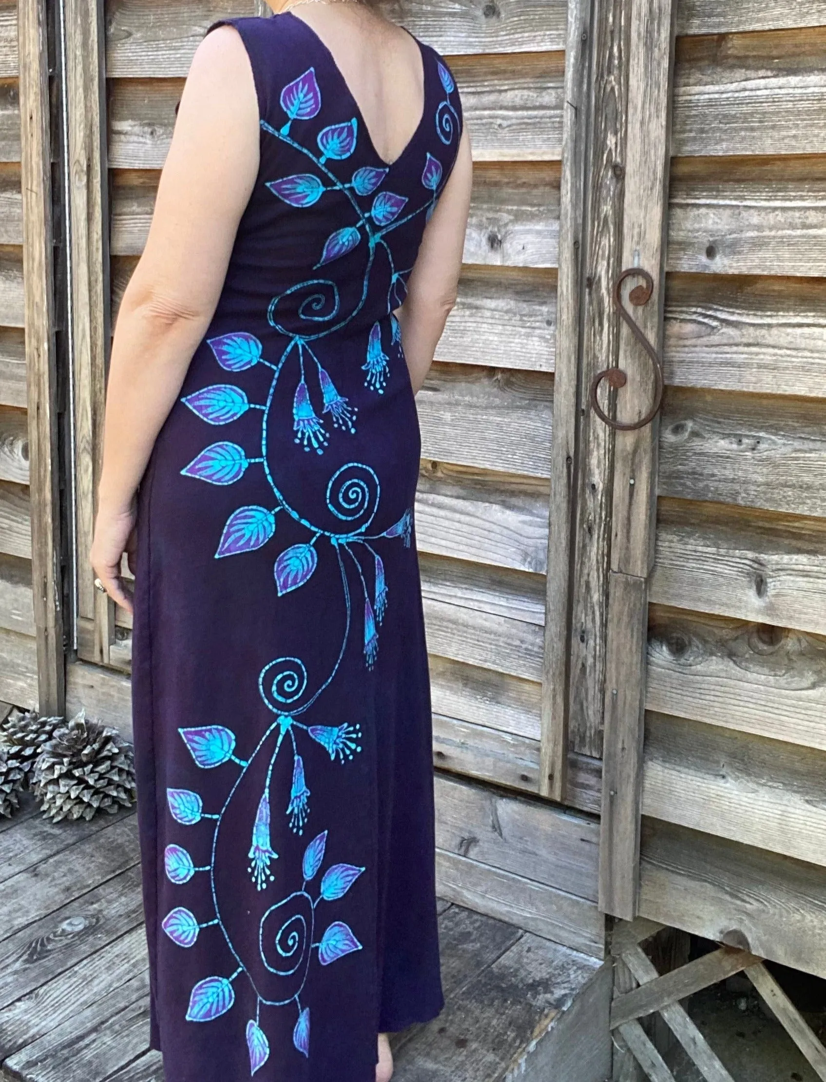 Trailing Blue Fuchsias Organic Cotton Batik Dress