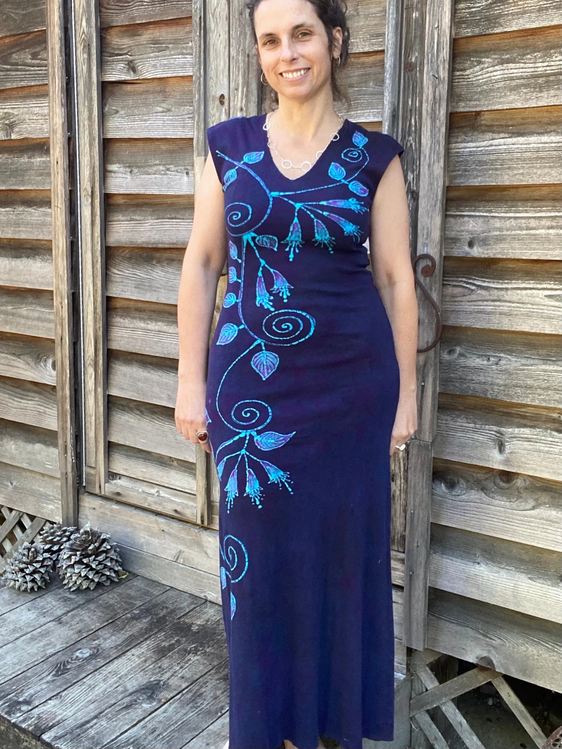 Trailing Blue Fuchsias Organic Cotton Batik Dress