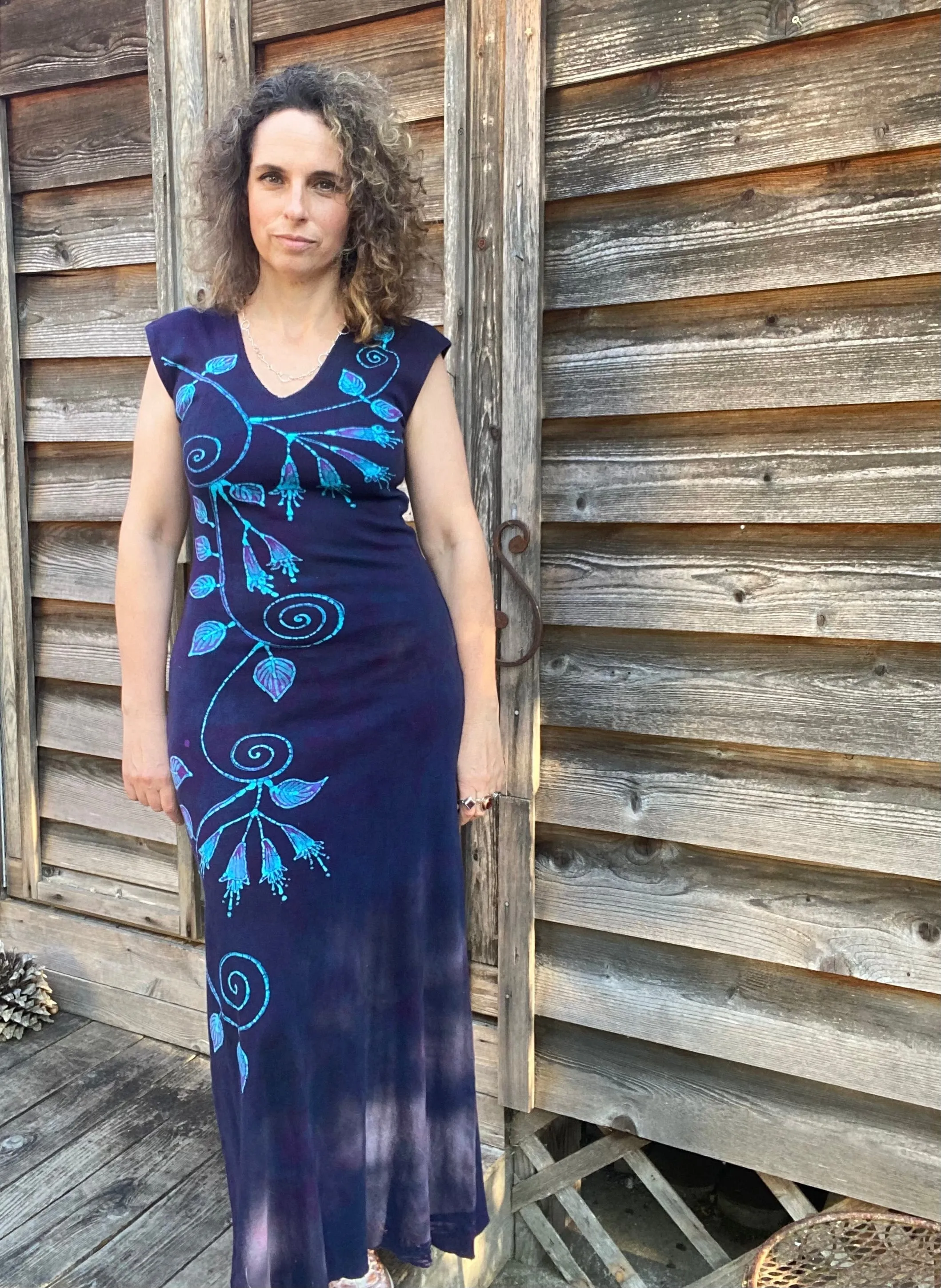 Trailing Blue Fuchsias Organic Cotton Batik Dress