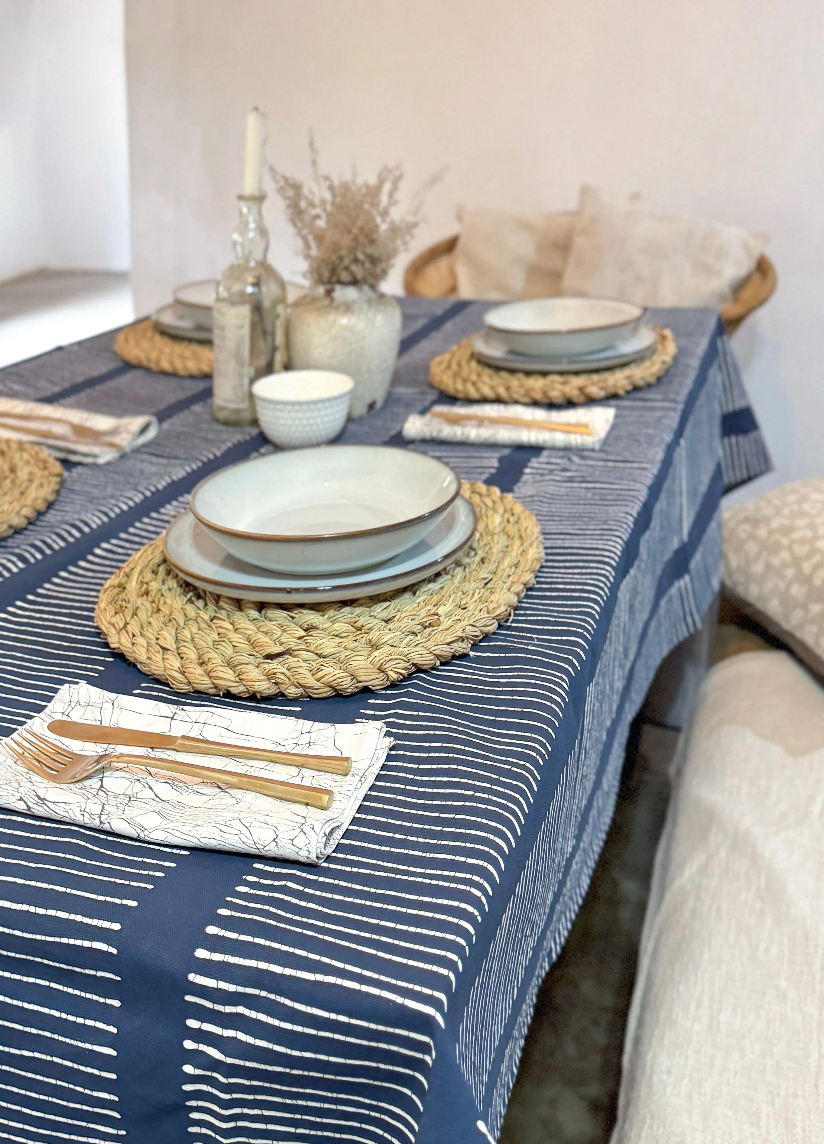 Tribal Cloth Indigo Collection - Lines Indigo Blue Tablecloth