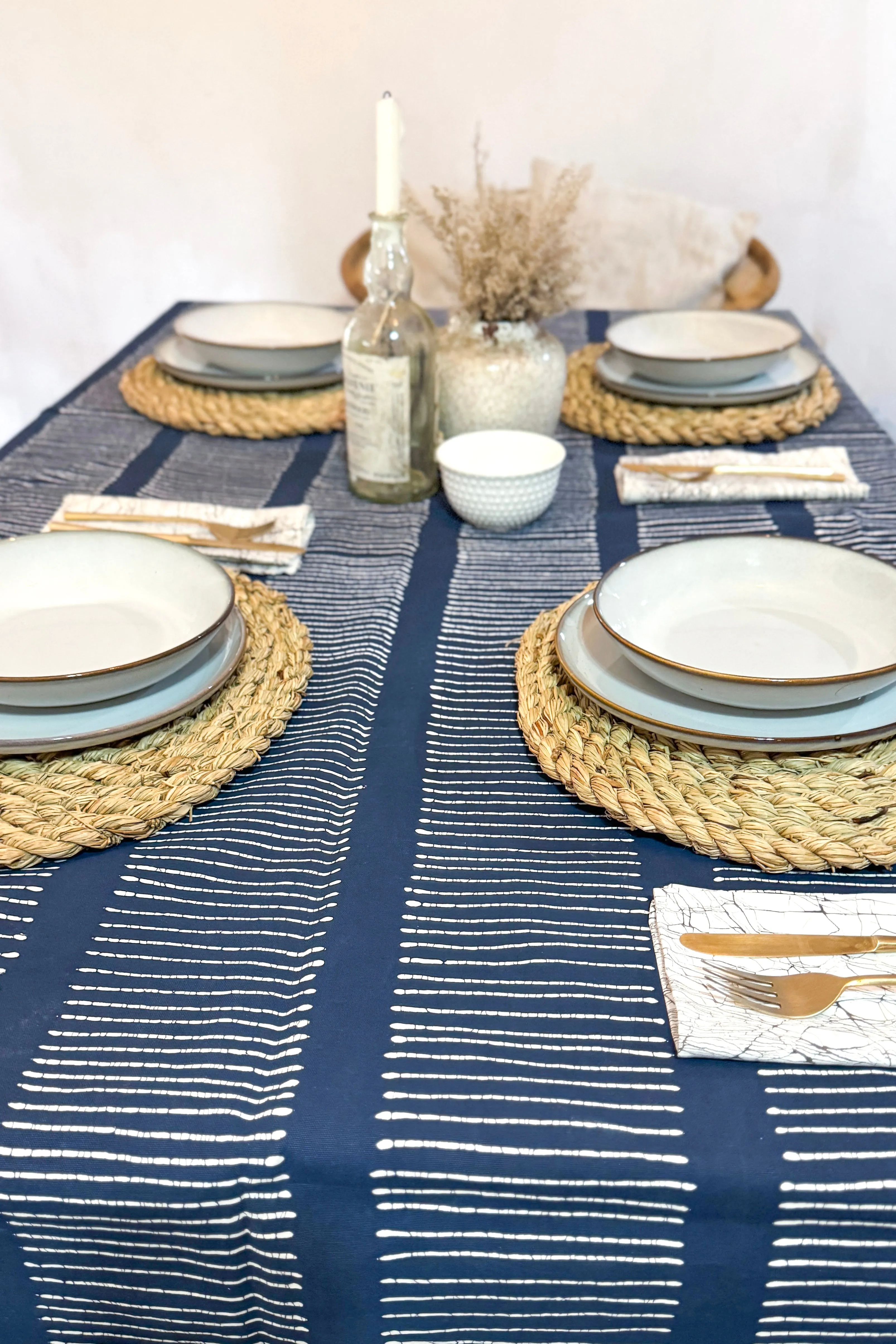 Tribal Cloth Indigo Collection - Lines Indigo Blue Tablecloth