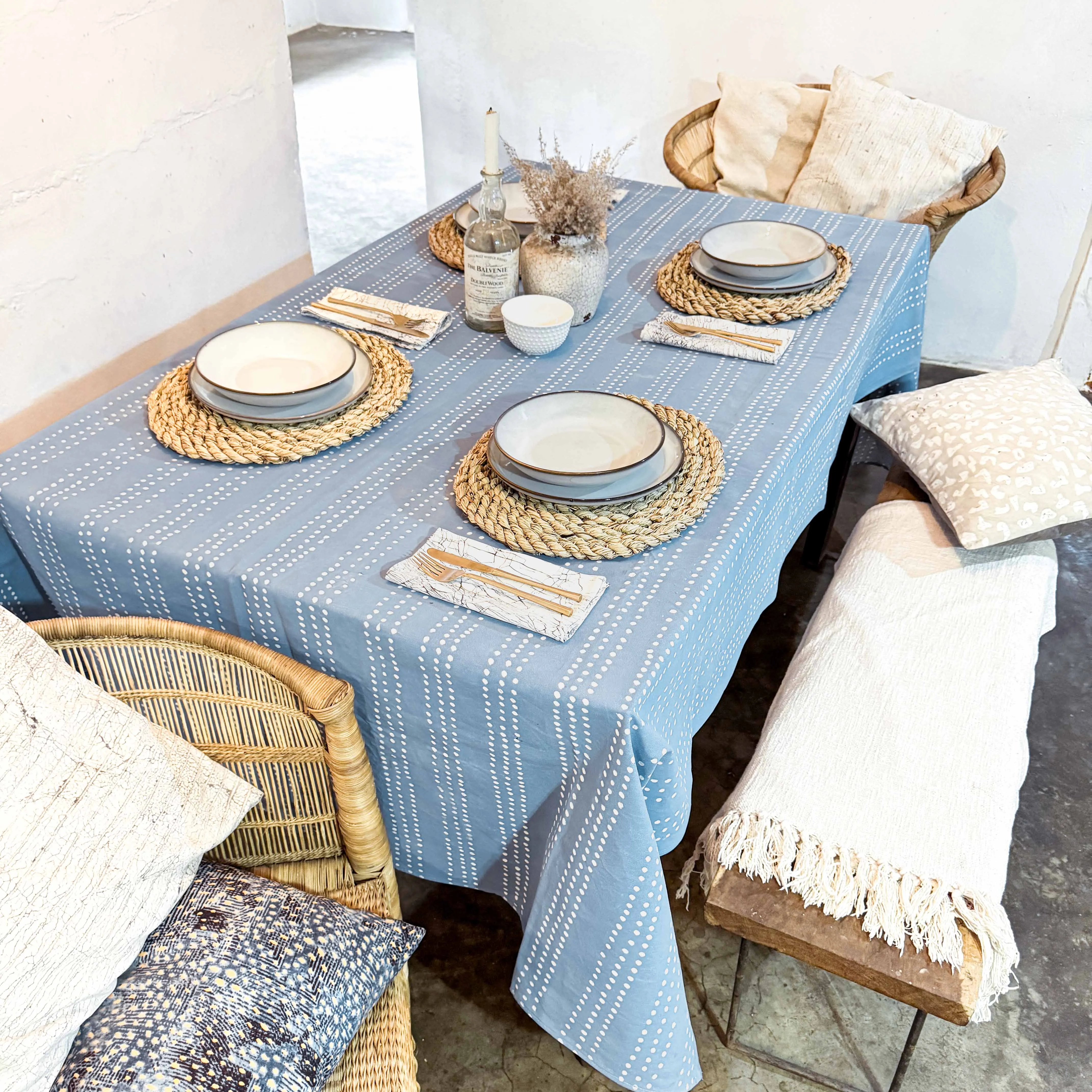 Tribal Cloth Indigo Light Blue Dots Tablecloth