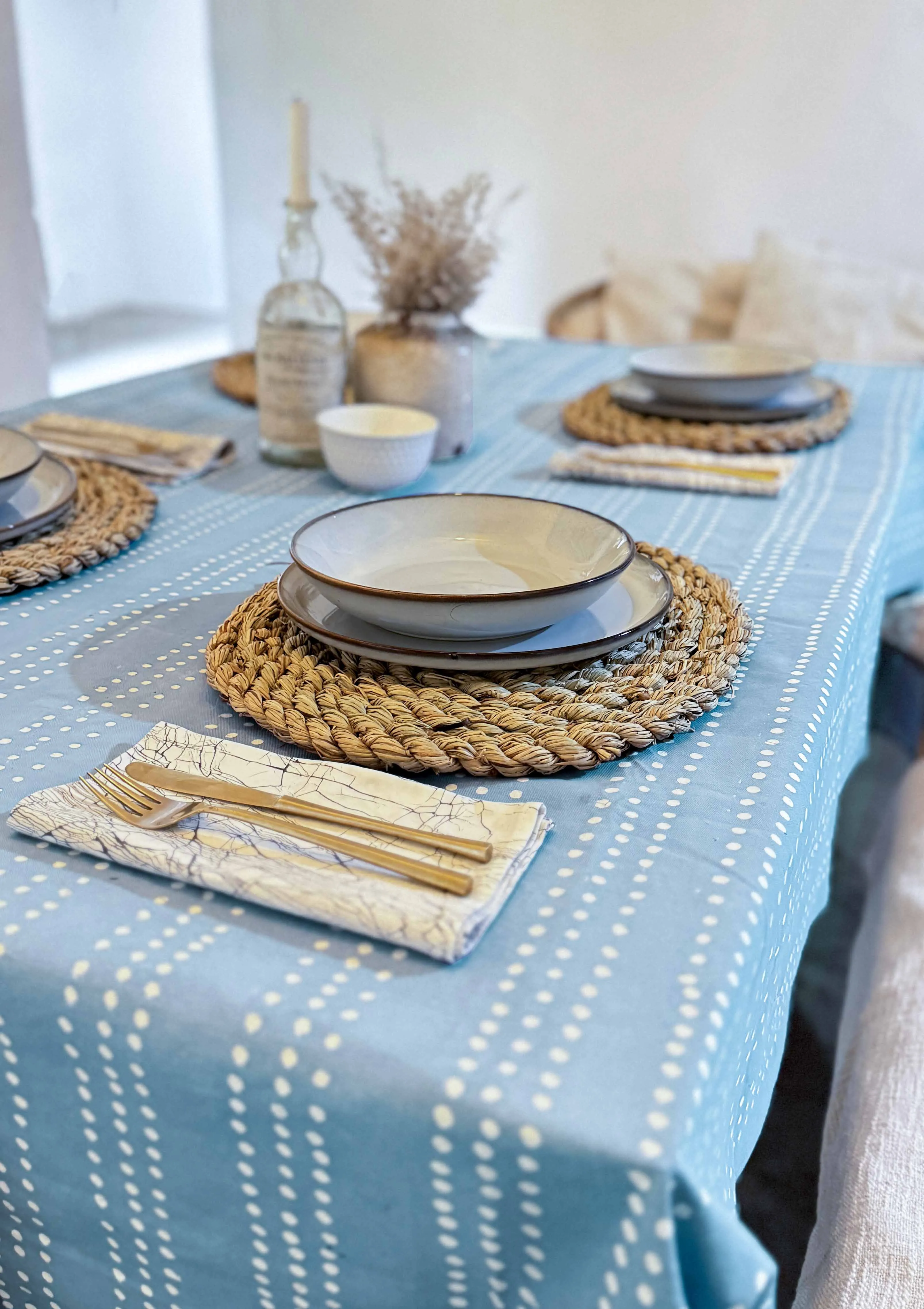 Tribal Cloth Indigo Light Blue Dots Tablecloth