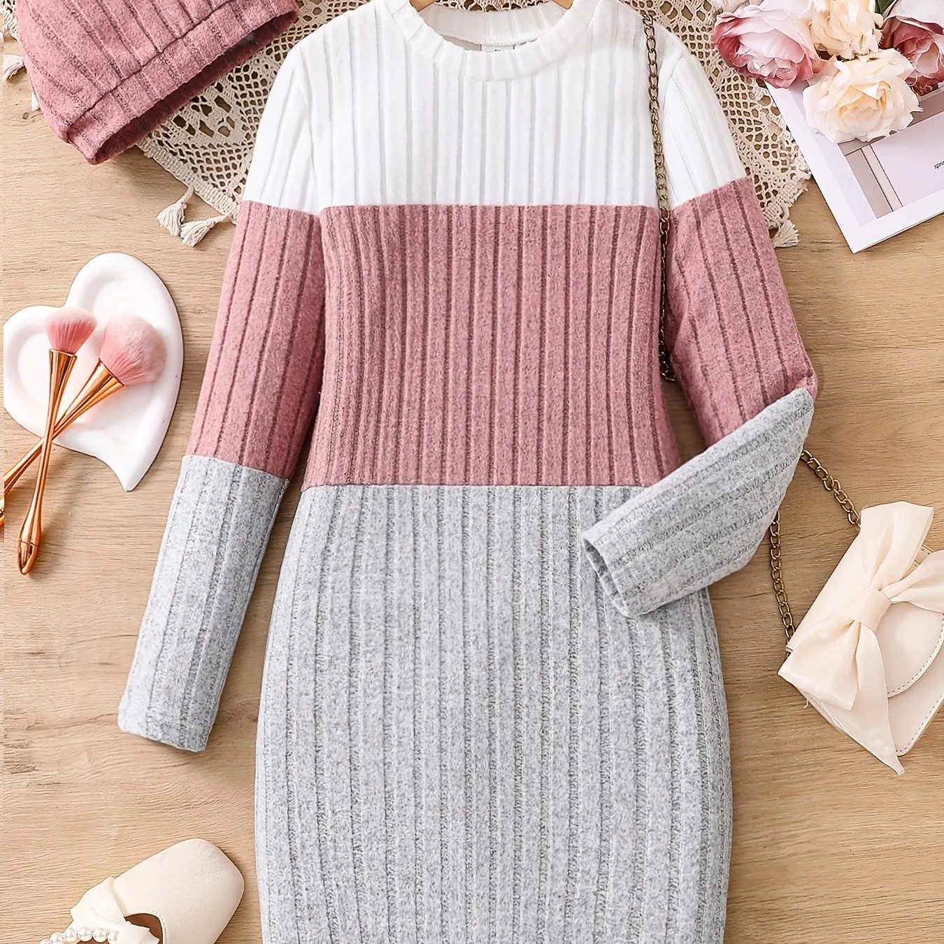 Tween Girls Elegant & Stylish Long Sleeve Color Contrast Ribbed Knitted Dress For Fall & Winter Outdoors