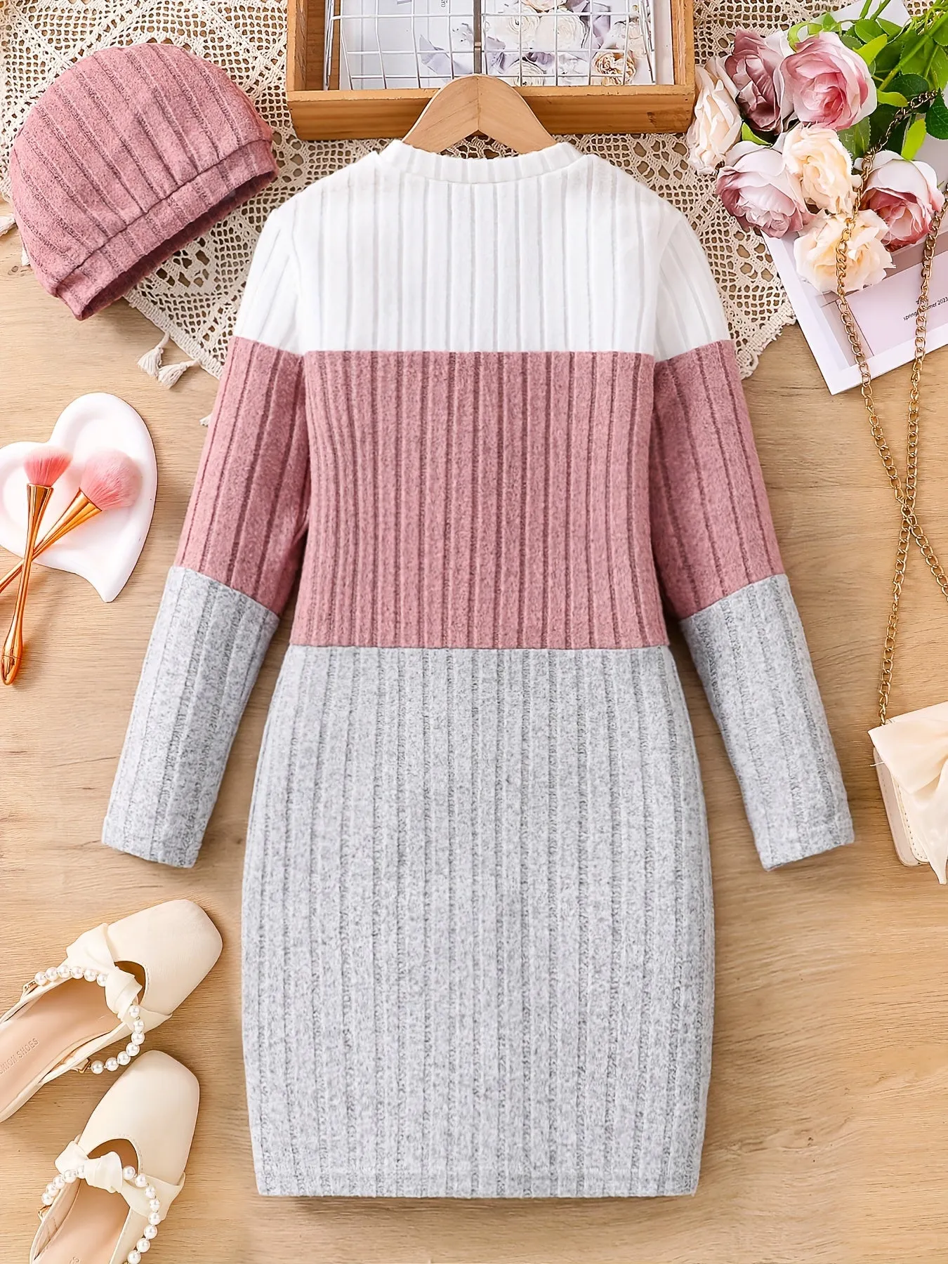 Tween Girls Elegant & Stylish Long Sleeve Color Contrast Ribbed Knitted Dress For Fall & Winter Outdoors