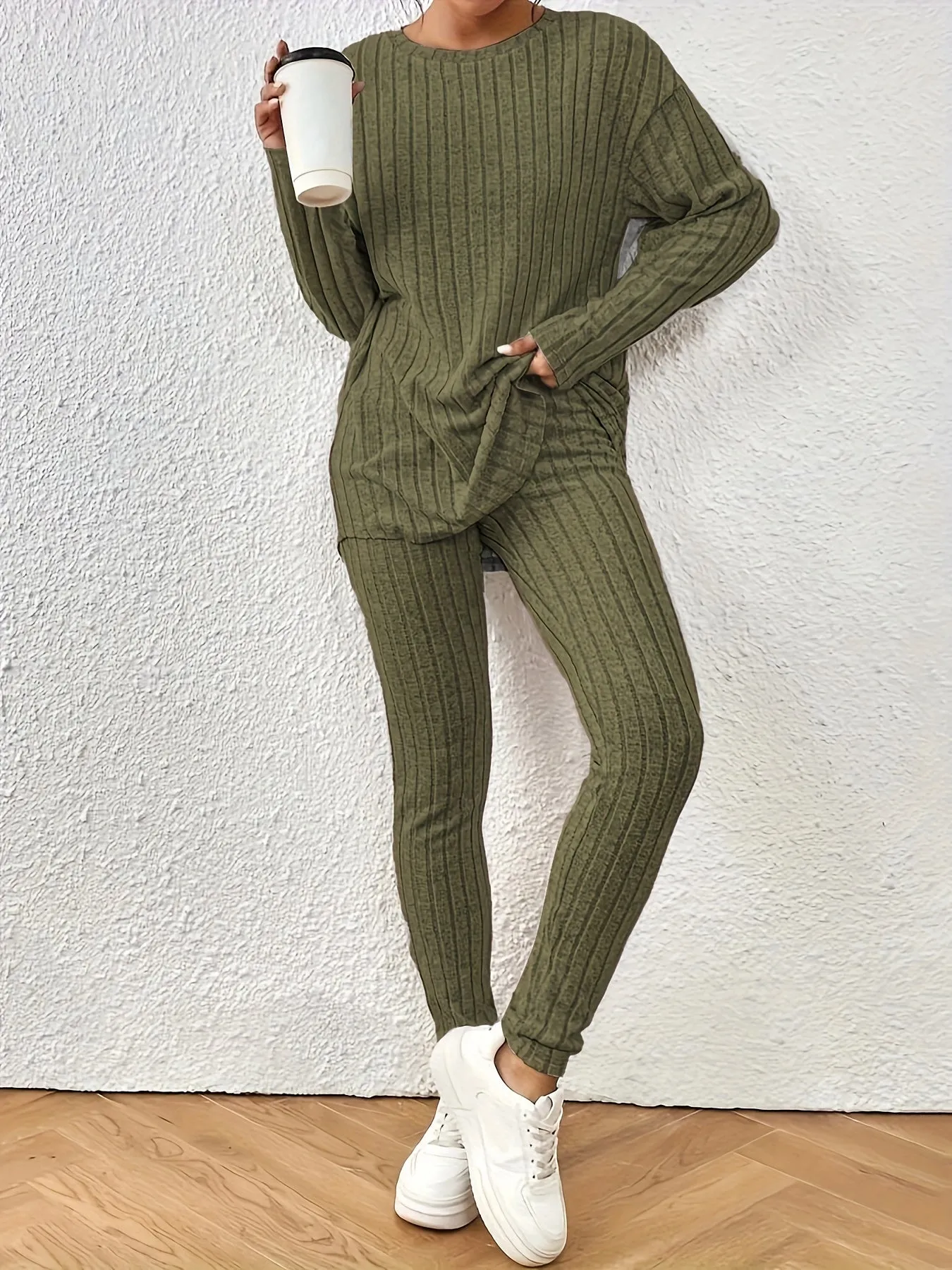 Two-Piece Pants Set - Elegant Solid Color Long Sleeve Crew Neck T-Shirt and Skinny High Waist Pants Outfit for Women - Polyester Knit Fabric, Mid Elasticity, Spring/Fall Season, No Printing, No Sheer