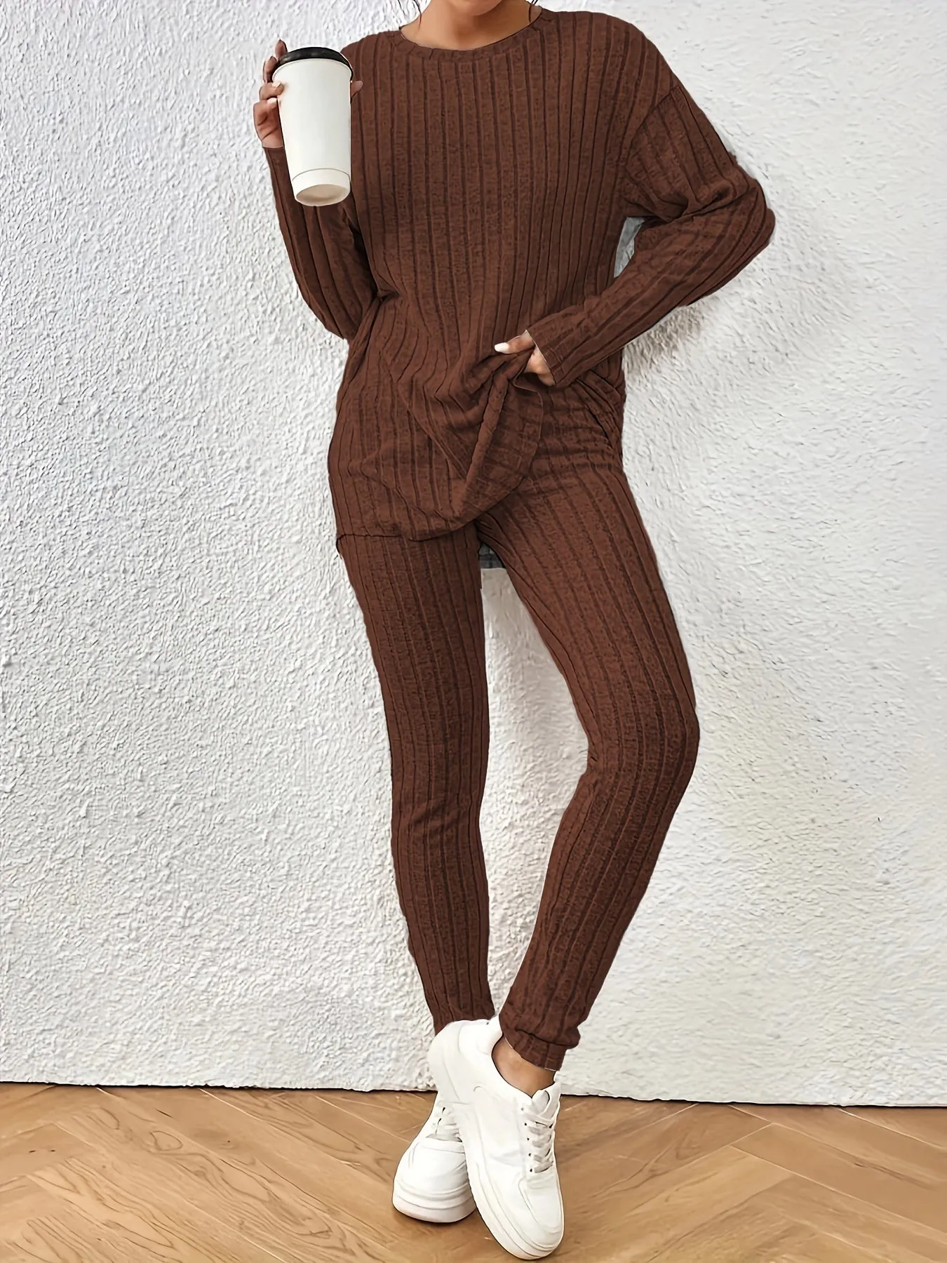 Two-Piece Pants Set - Elegant Solid Color Long Sleeve Crew Neck T-Shirt and Skinny High Waist Pants Outfit for Women - Polyester Knit Fabric, Mid Elasticity, Spring/Fall Season, No Printing, No Sheer