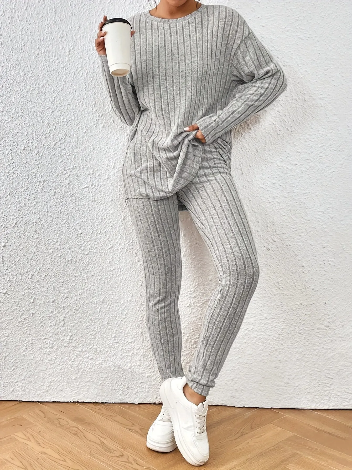 Two-Piece Solid Crew Neck Rib-Knit Set - Soft Micro Elastic Polyester Fabric, Middle East Style, Fall/Winter Outfit for Women - No Printing, No Sheer, Knit Fabric