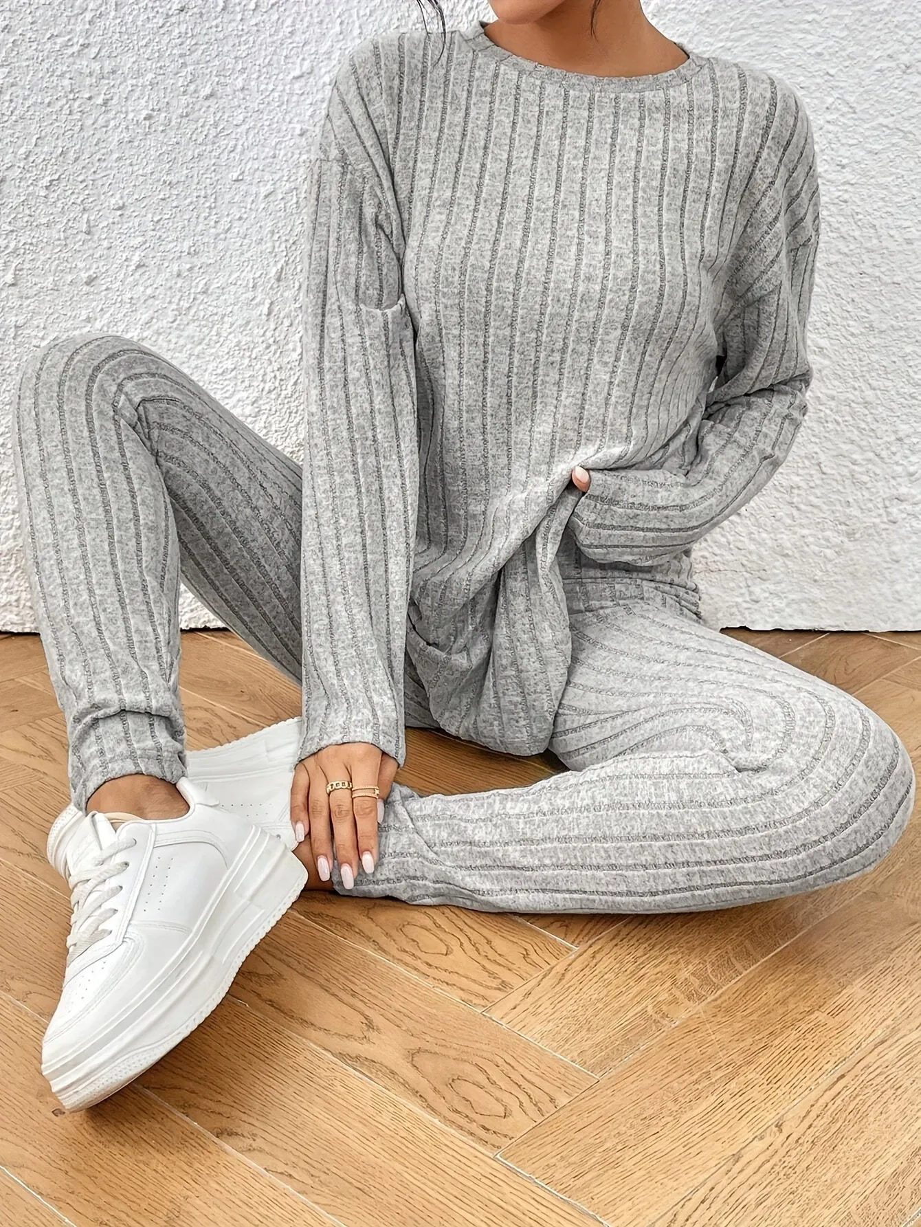 Two-Piece Solid Crew Neck Rib-Knit Set - Soft Micro Elastic Polyester Fabric, Middle East Style, Fall/Winter Outfit for Women - No Printing, No Sheer, Knit Fabric