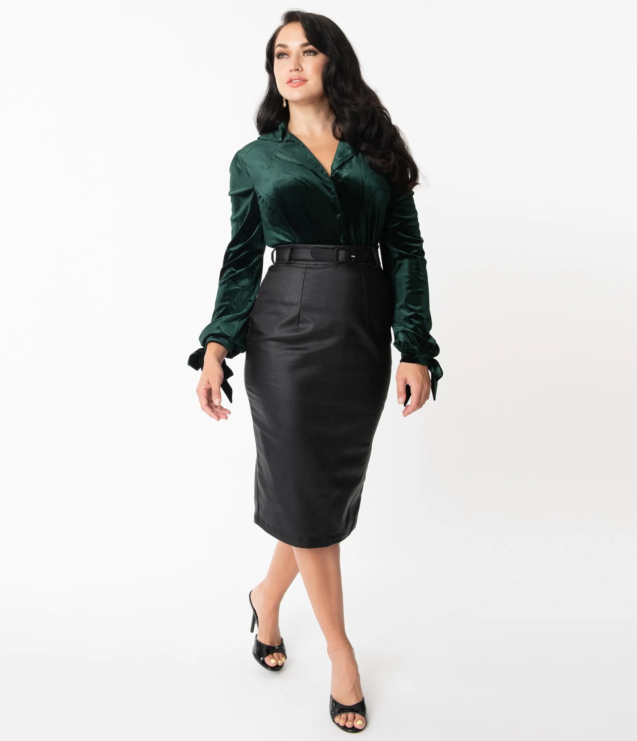 Unique Vintage Black Vegan Leather Marcia Wiggle Skirt