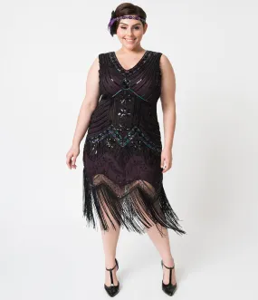 Unique Vintage Plus Size 1920s Deco Purple & Black Sequin Veronique Fringe Flapper Dress