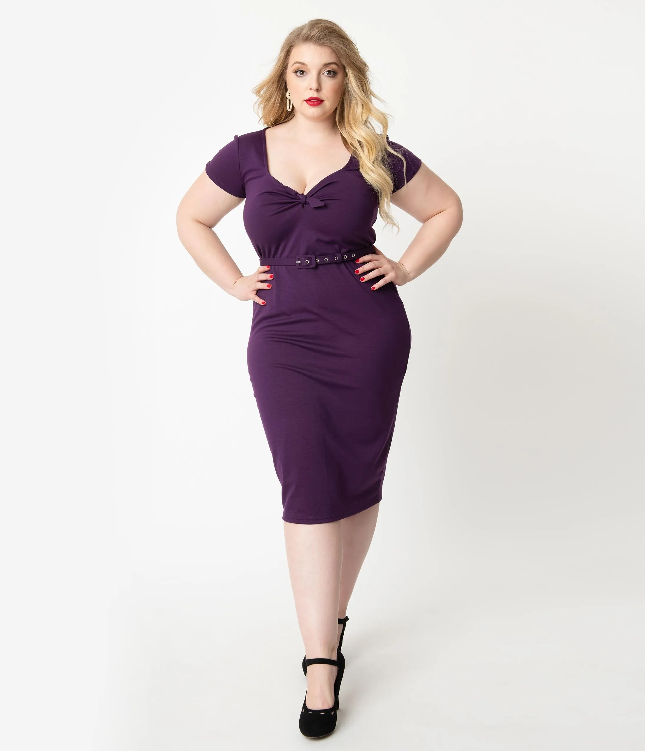 Unique Vintage Plus Size 1950s Purple Sweetheart Dianne Wiggle Dress