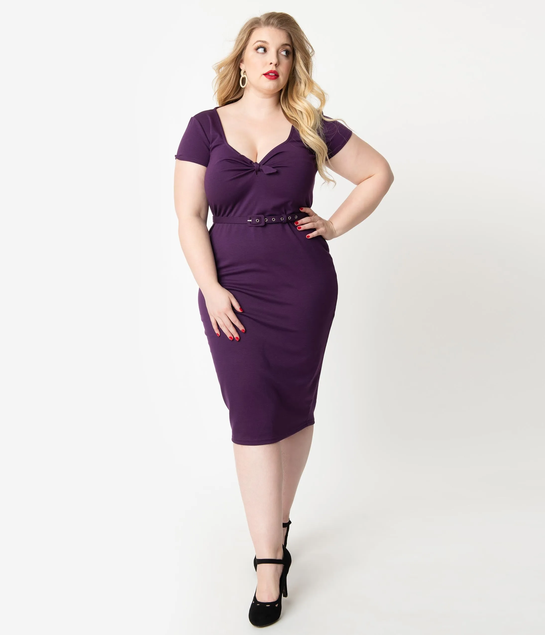 Unique Vintage Plus Size 1950s Purple Sweetheart Dianne Wiggle Dress