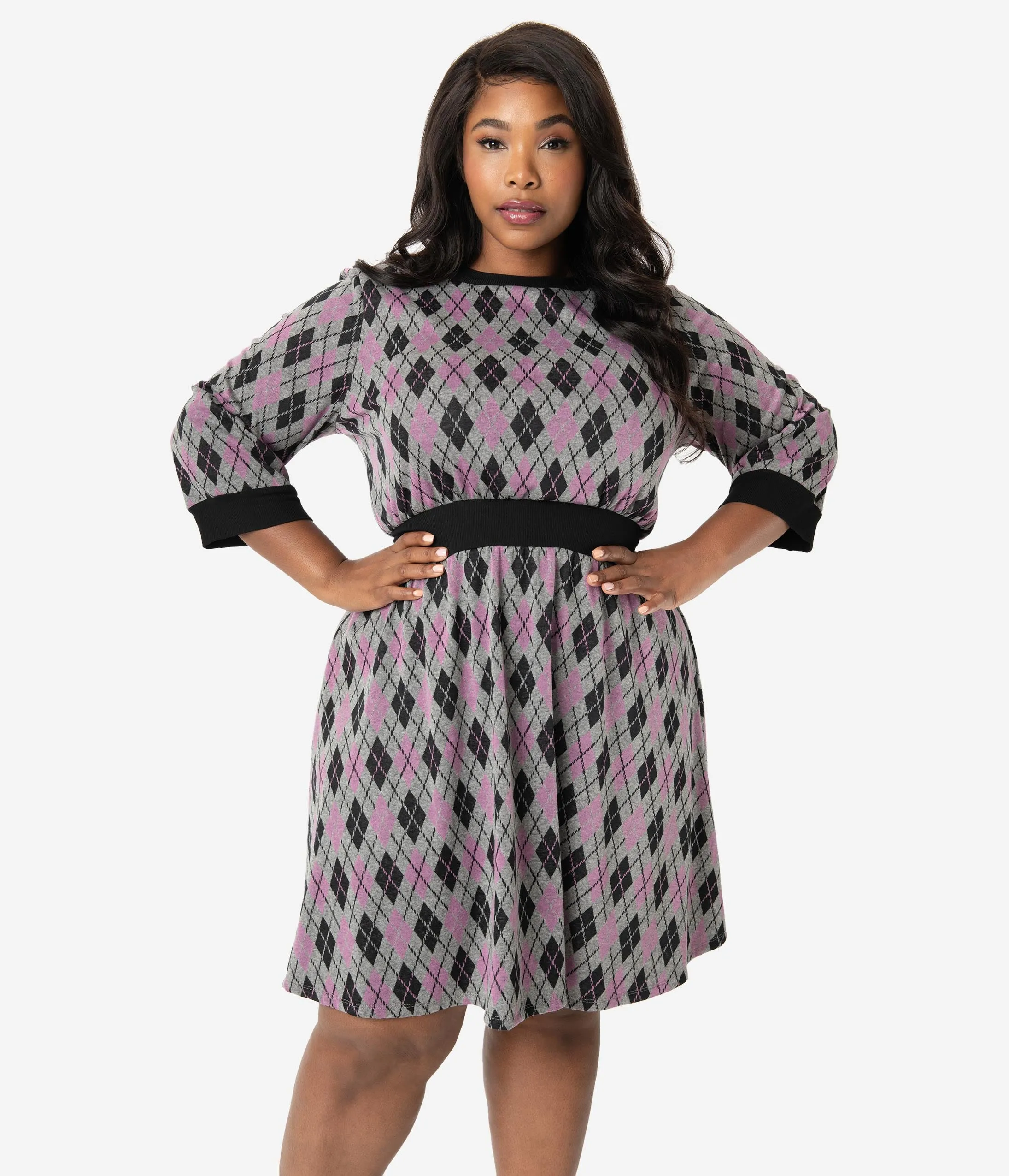 Unique Vintage Plus Size 1960s Style Argyle Knit Sleeved Abigail Fit & Flare Dress