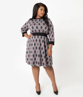 Unique Vintage Plus Size 1960s Style Argyle Knit Sleeved Abigail Fit & Flare Dress