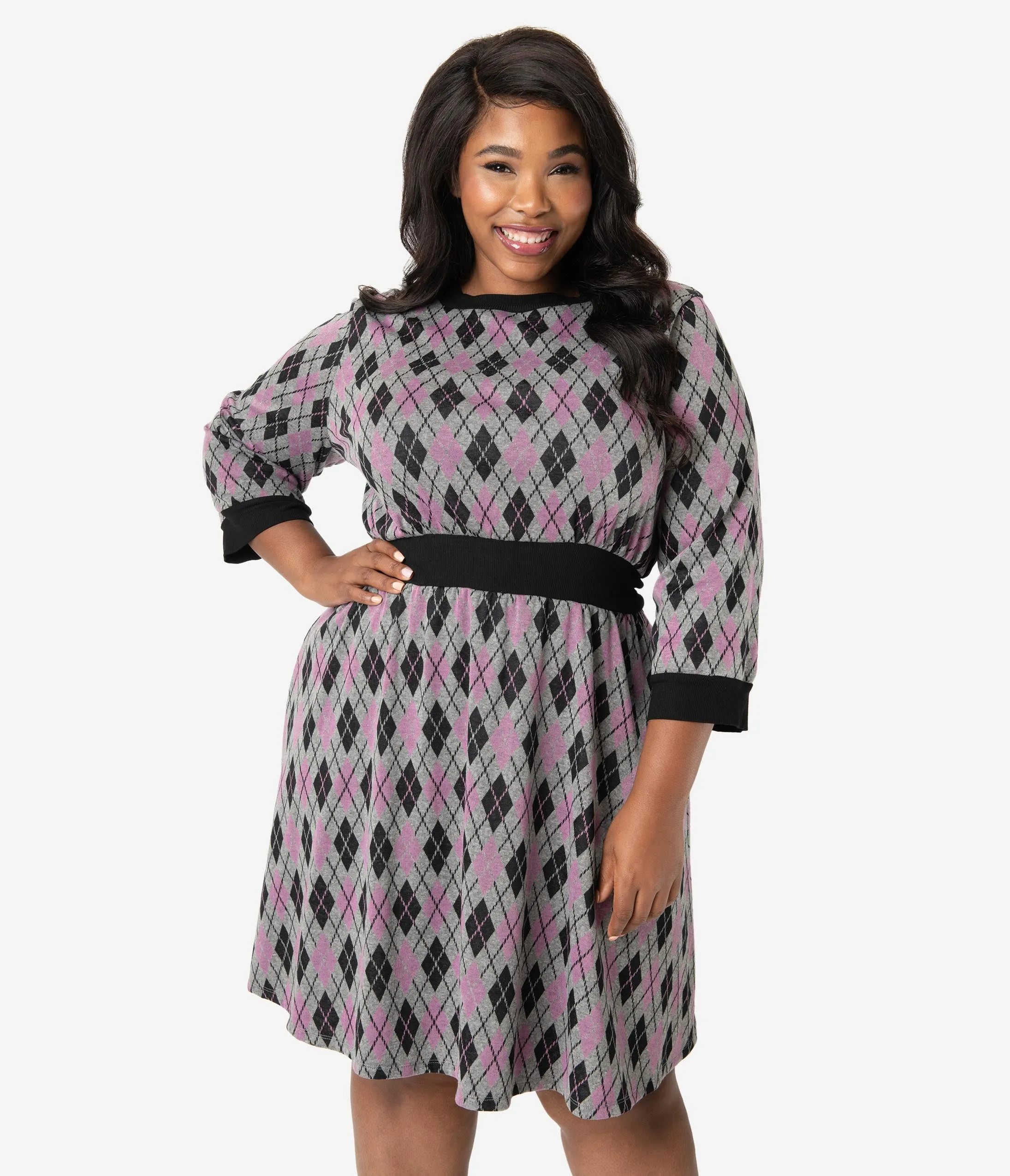 Unique Vintage Plus Size 1960s Style Argyle Knit Sleeved Abigail Fit & Flare Dress