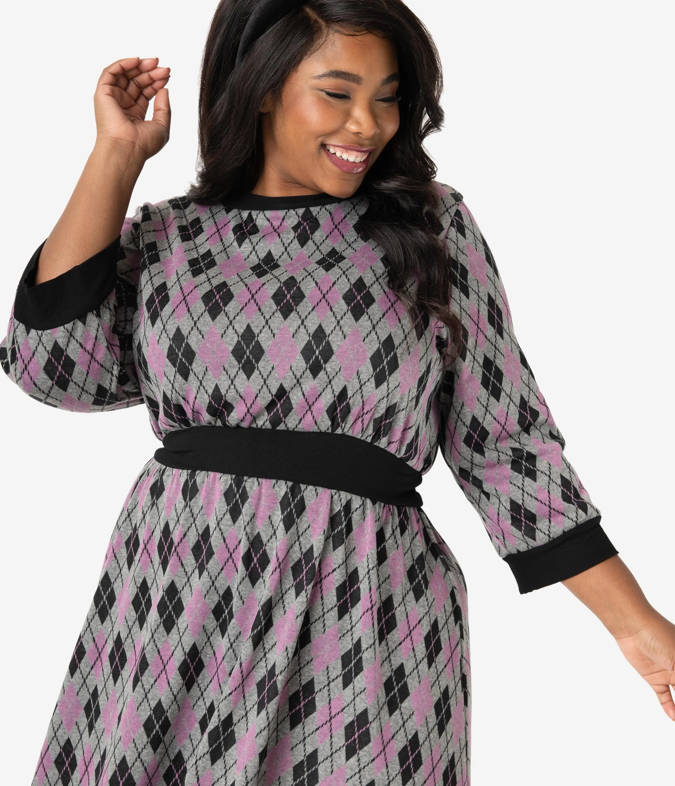 Unique Vintage Plus Size 1960s Style Argyle Knit Sleeved Abigail Fit & Flare Dress