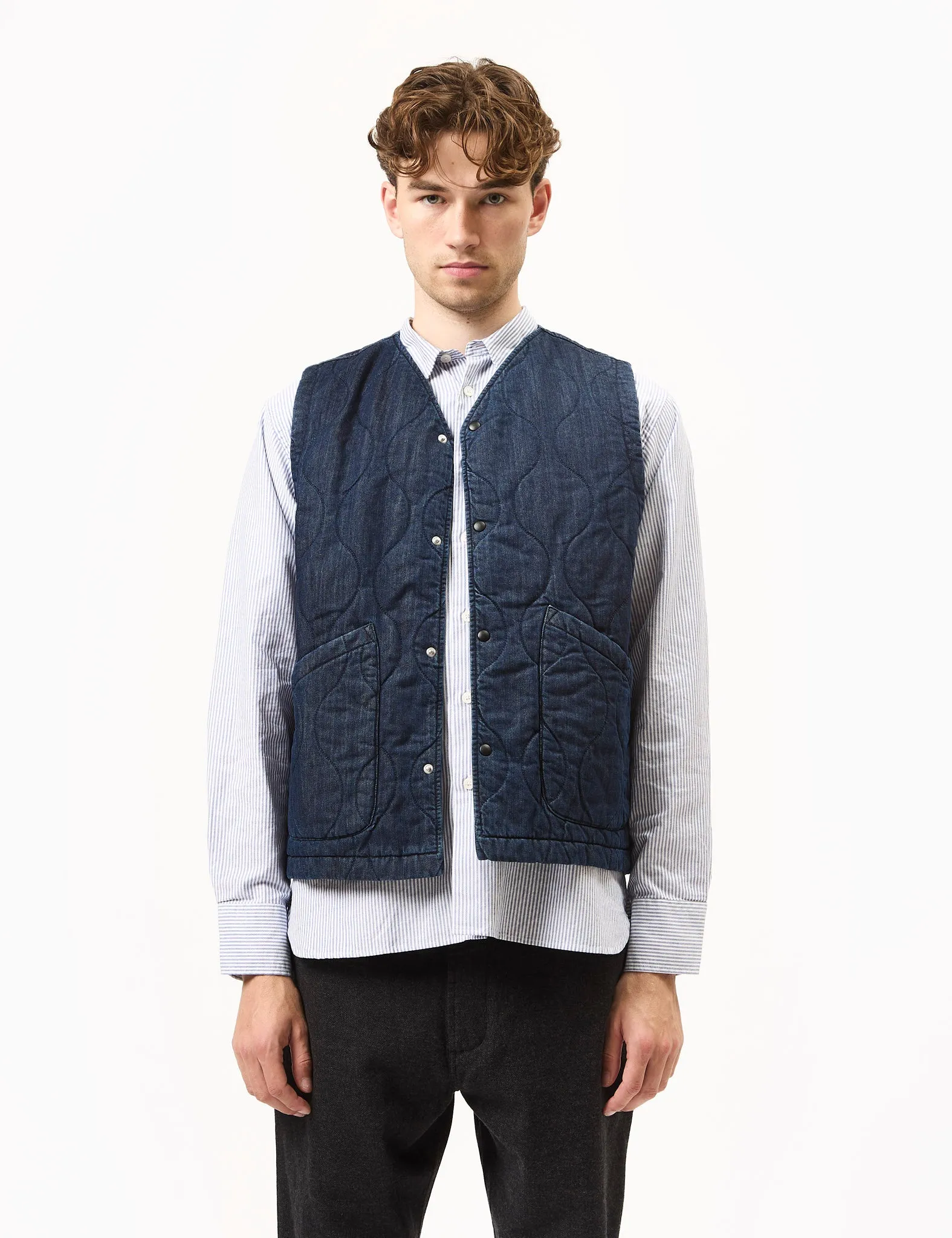 Universal Works Weekend Gilet (Quilt Denim) - Indigo Blue