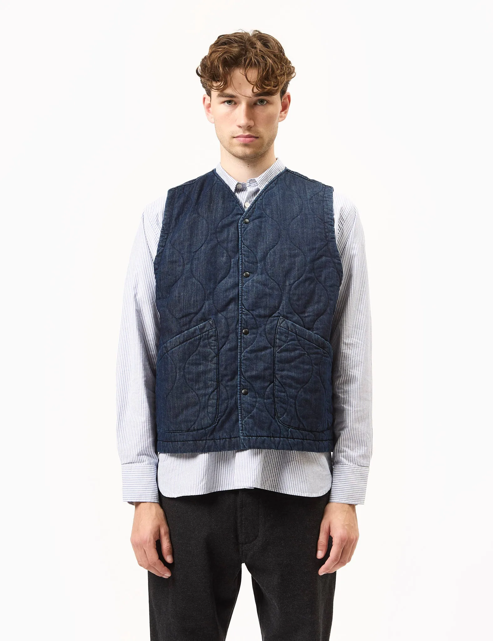 Universal Works Weekend Gilet (Quilt Denim) - Indigo Blue