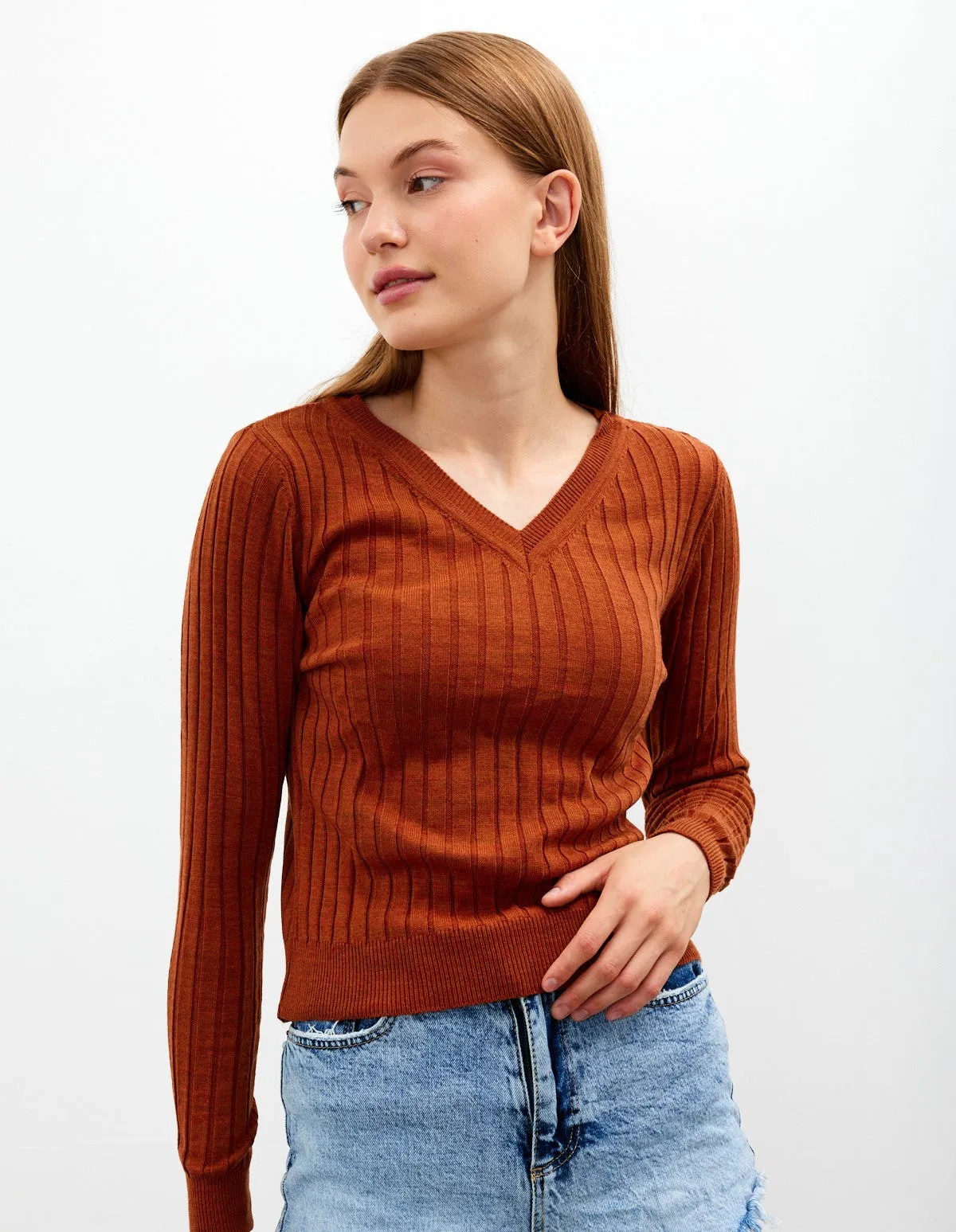 Vav Striped Crop Top Knitted Winter Sweater Brick Color