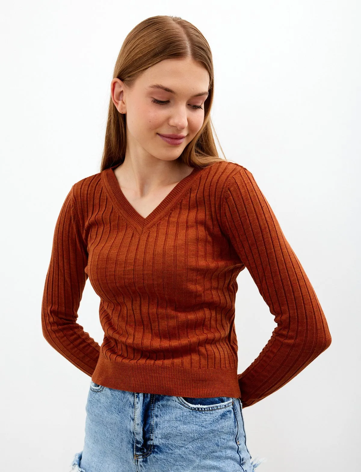 Vav Striped Crop Top Knitted Winter Sweater Brick Color