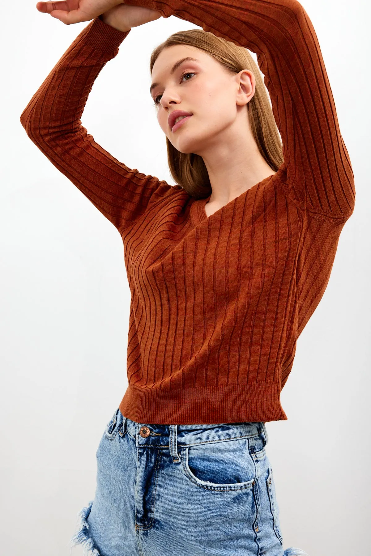 Vav Striped Crop Top Knitted Winter Sweater Brick Color