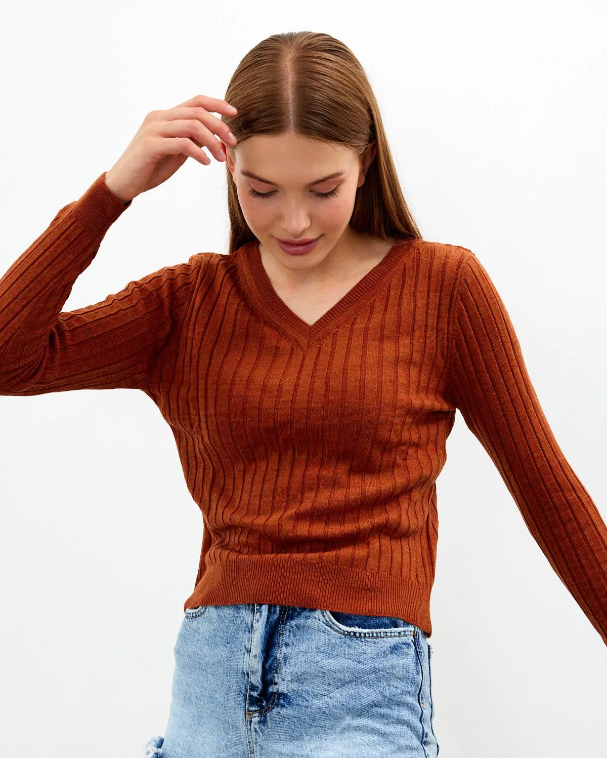 Vav Striped Crop Top Knitted Winter Sweater Brick Color