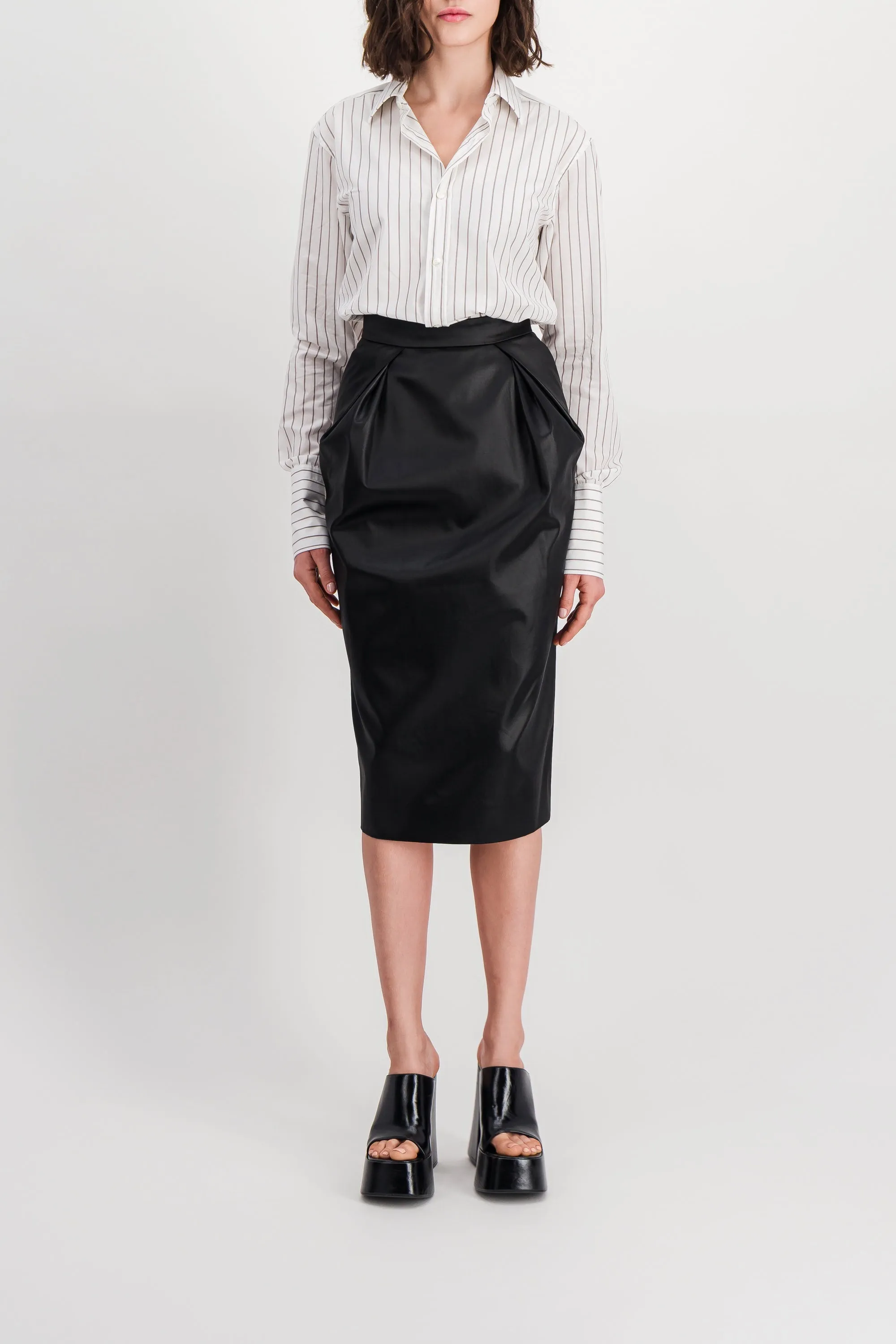 Vegan leather draped pencil midi skirt