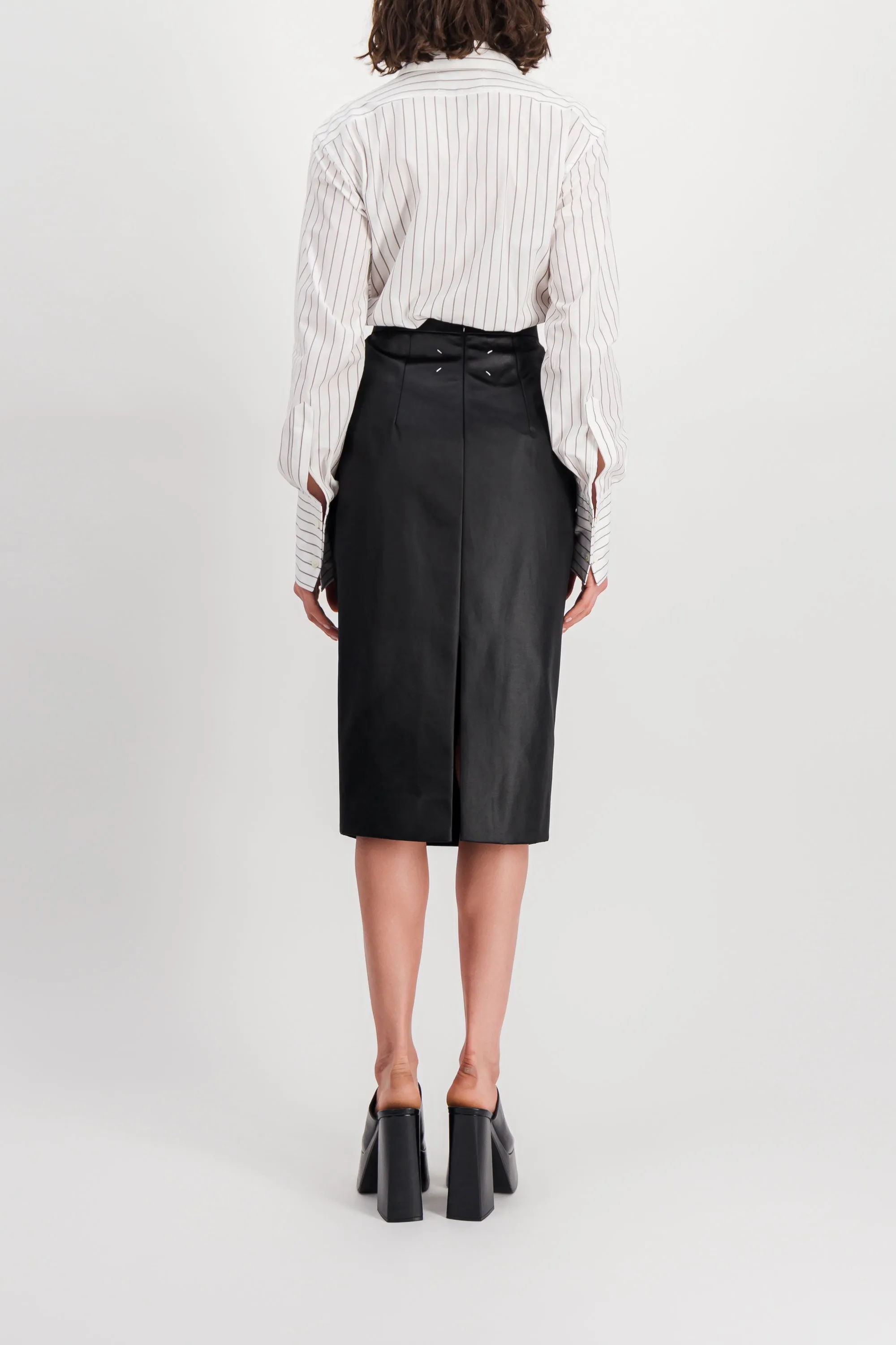 Vegan leather draped pencil midi skirt