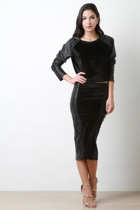 Velvet And Vegan Leather Midi Pencil Skirt