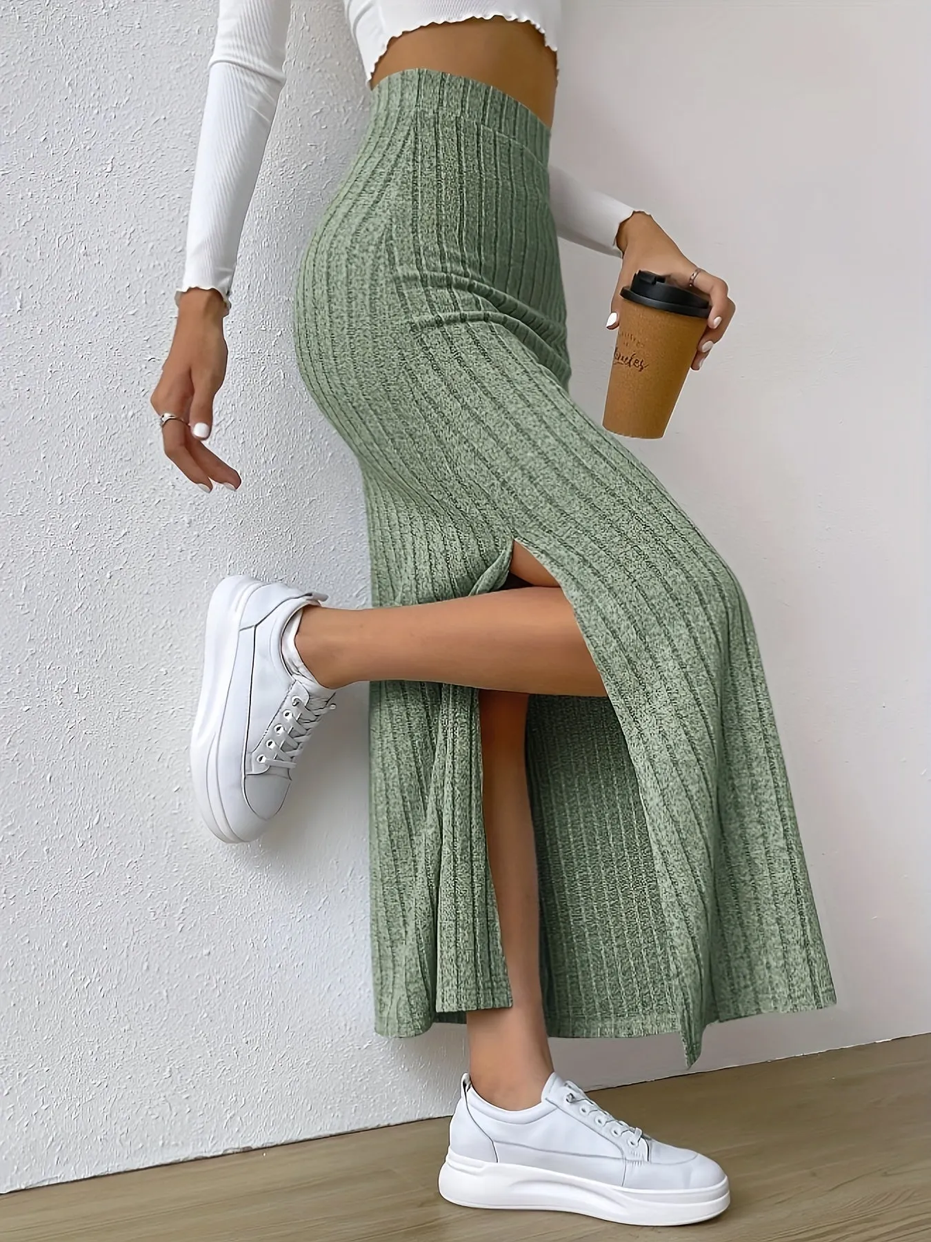 Versatile All-Season Ribbed Knit Skirt - Sexy Slit Hem, Solid Color, Mid Elasticity for a Perfect, Easy-Care Fit